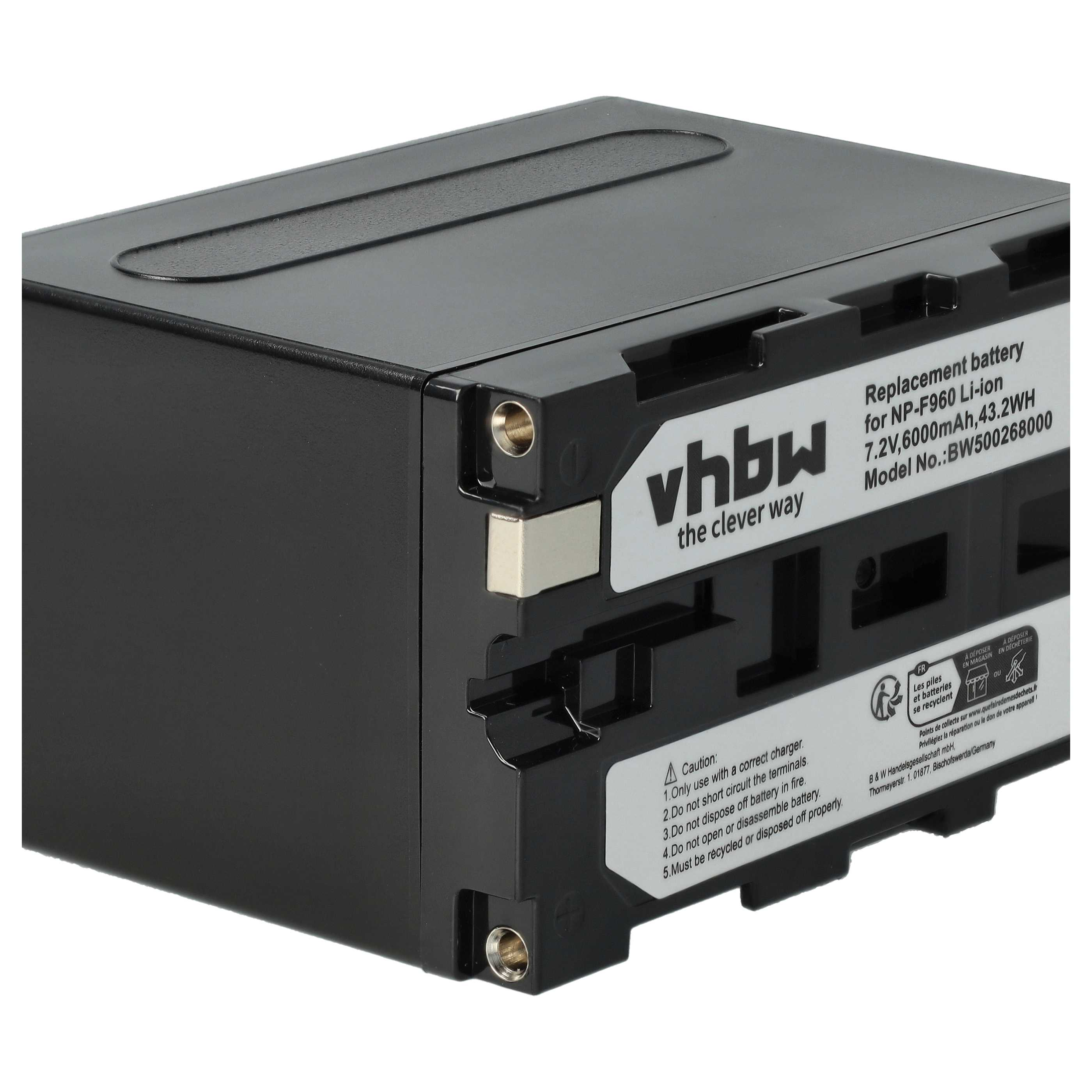 Eine schwarze vhbw Ersatz-Lithium-Ionen-Batterie mit Warnhinweisen und Kontakten vor weißem Hintergrund.