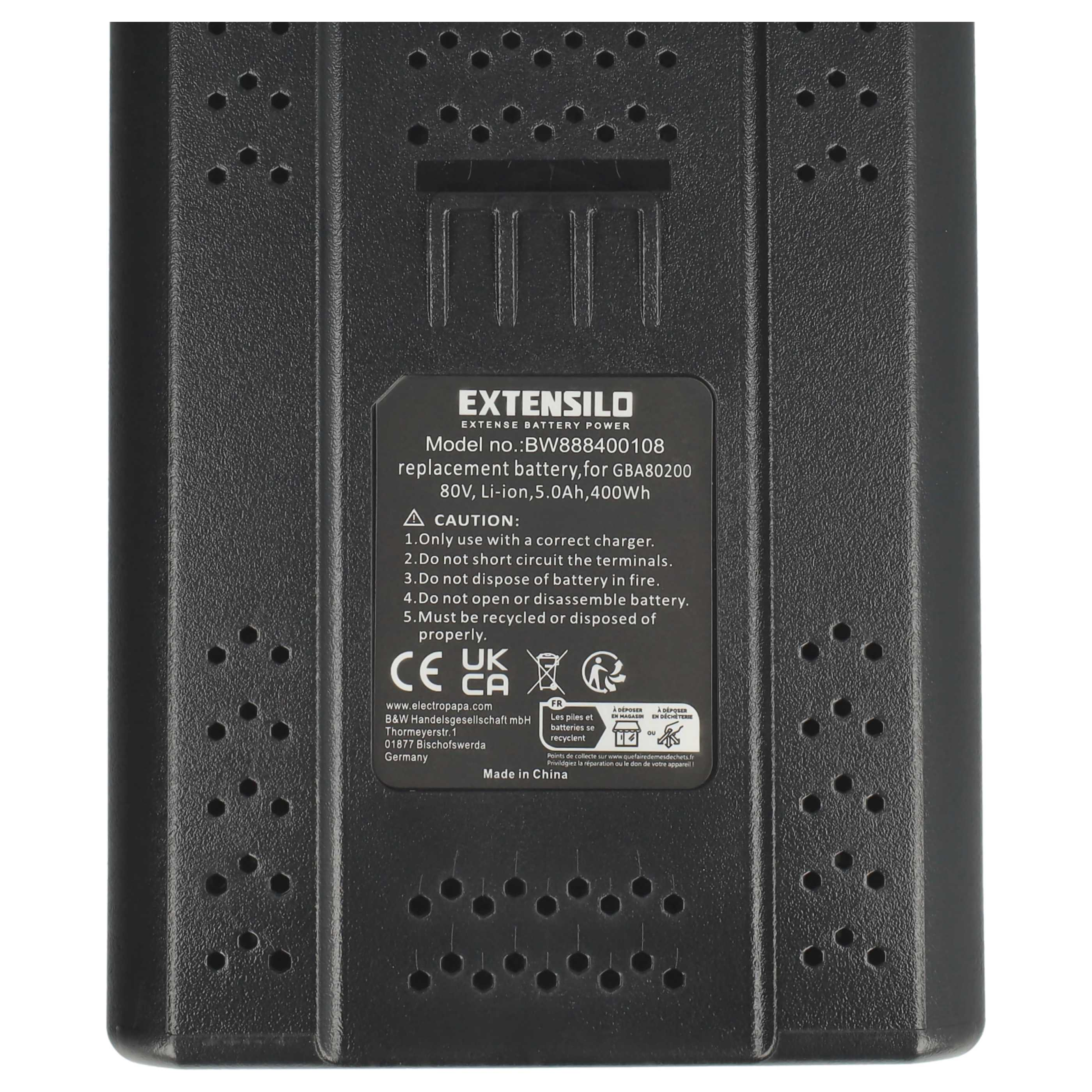 Ein schwarzes Extensilo-Batterieetikett mit technischen Daten, Warnhinweisen und Symbolen.