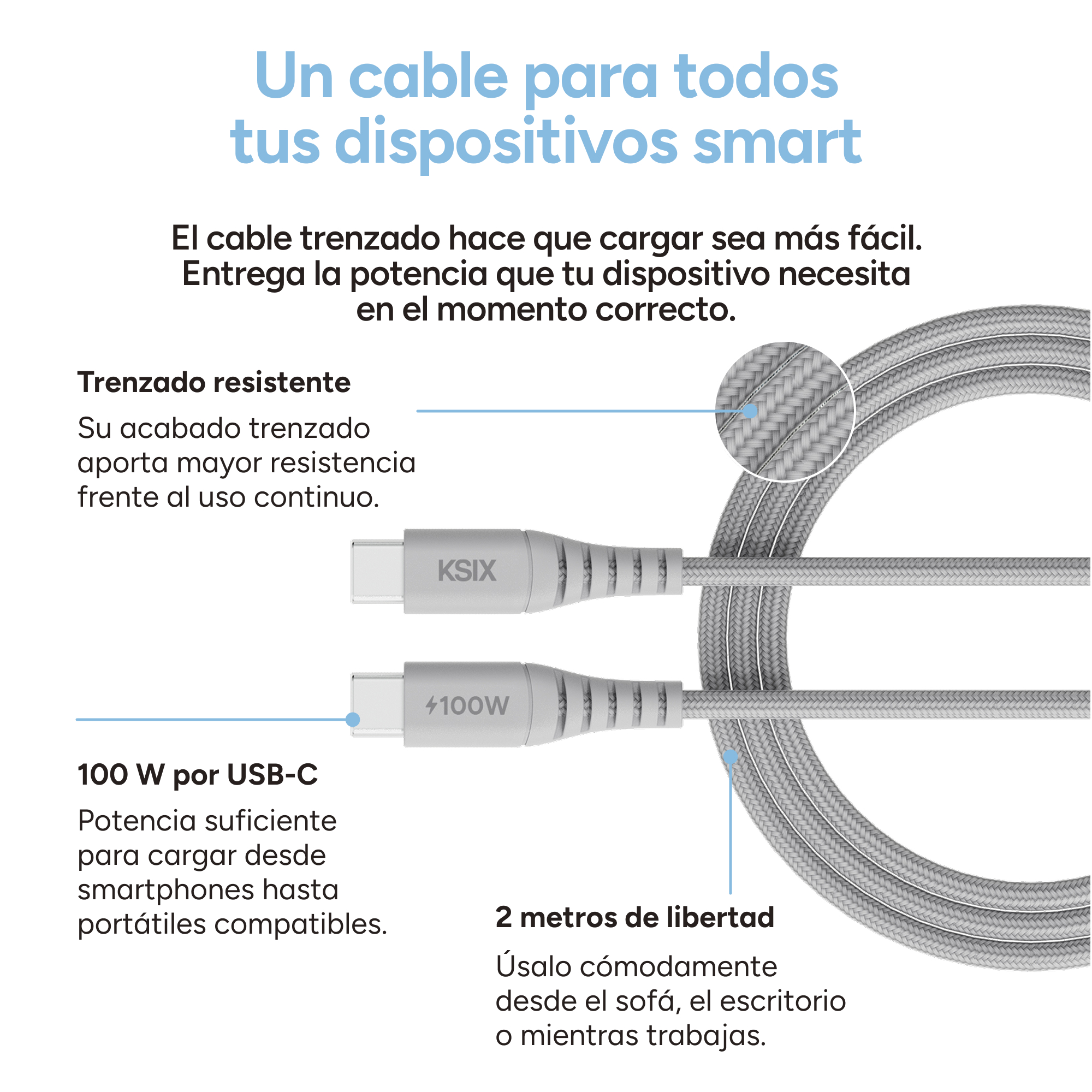 Un cable USB-C gris trenzado de 100W y 2 metros, con características destacadas del producto y texto en español.