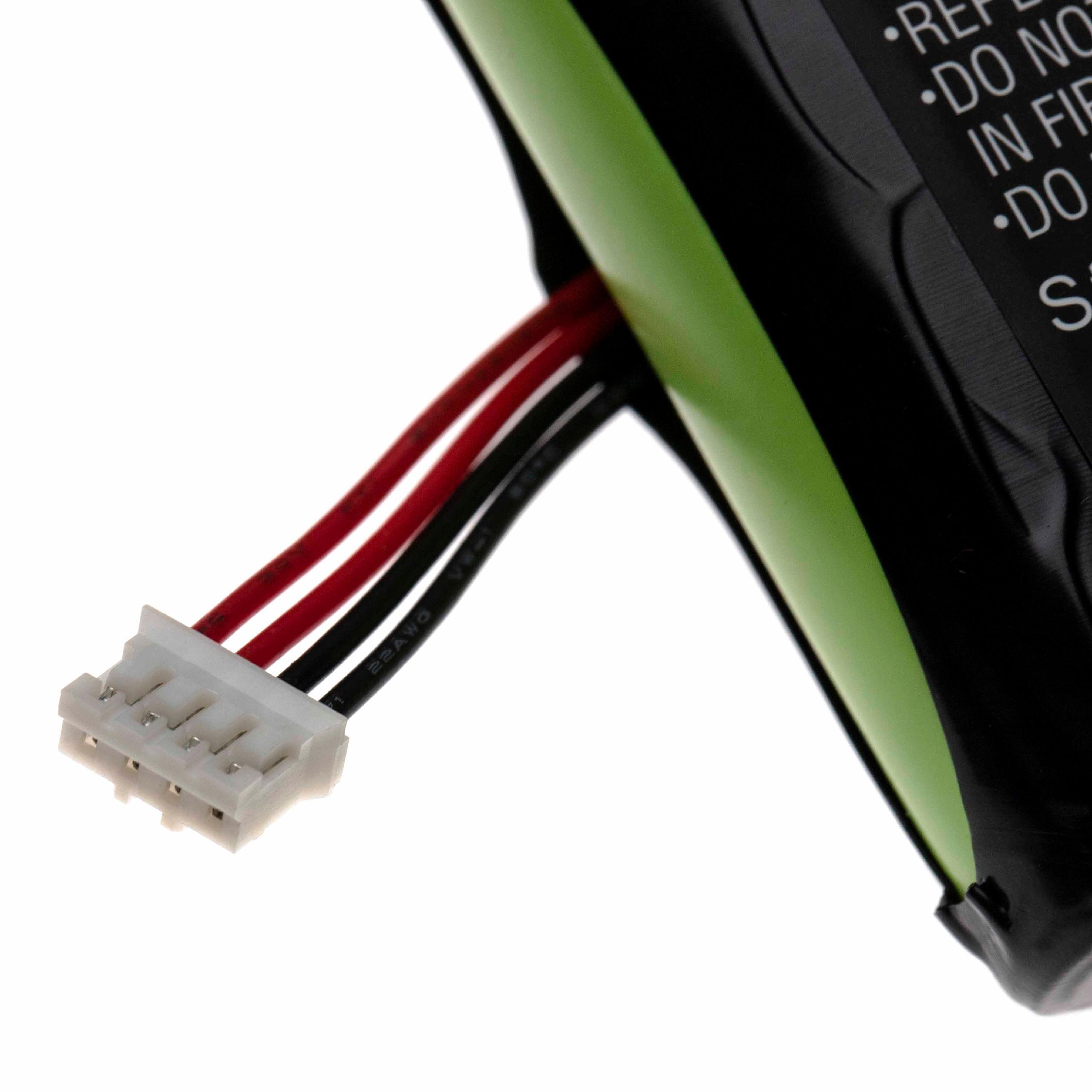 Ein schwarz-grüner Akkupack mit zwei roten und zwei schwarzen Kabeln, die an einem weißen Stecker angeschlossen sind.