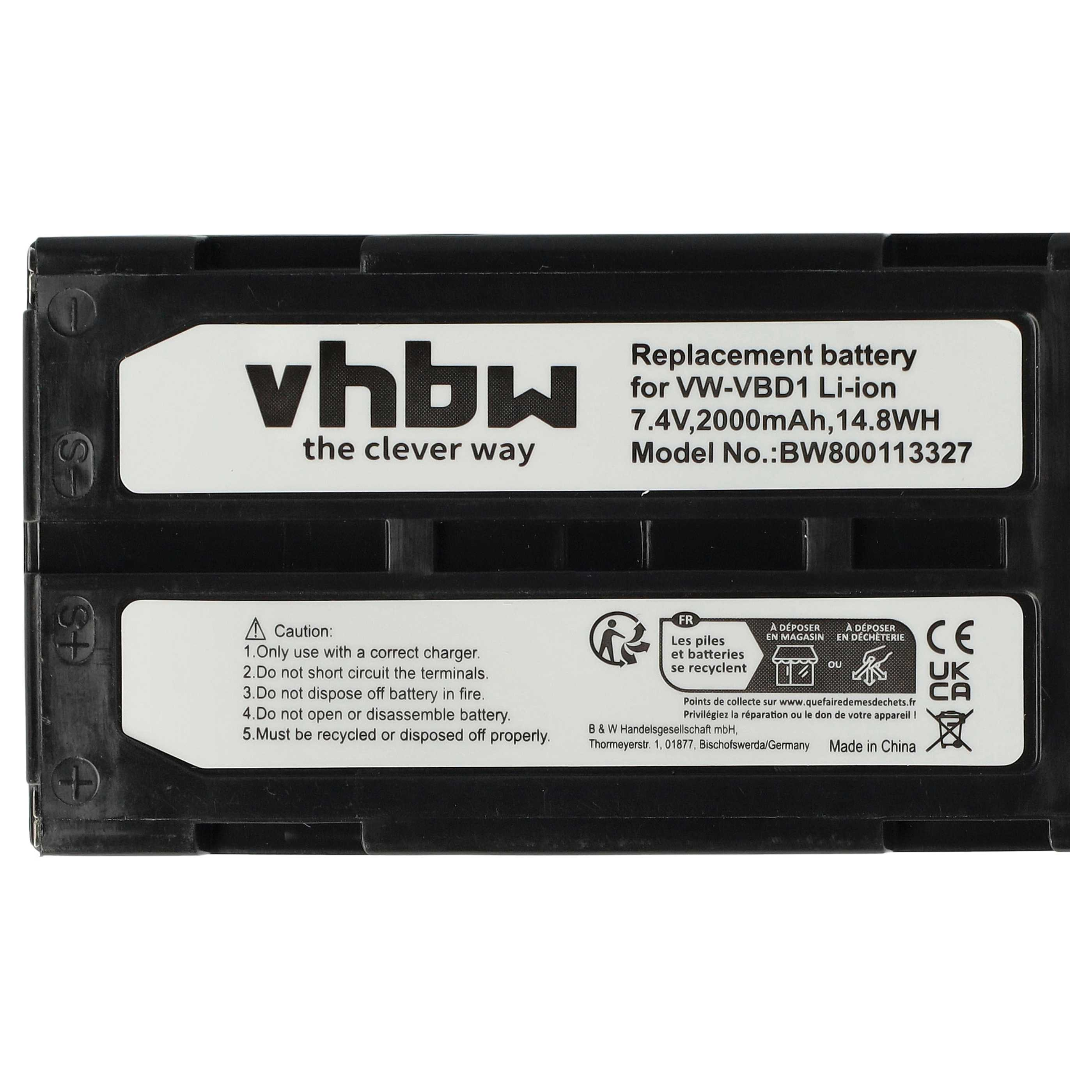 Schwarzer vhbw Ersatzakku mit Etikett für VW-VBD1, 7.4V, 2000mAh, inklusive Warnhinweisen und CE-Kennzeichnung.