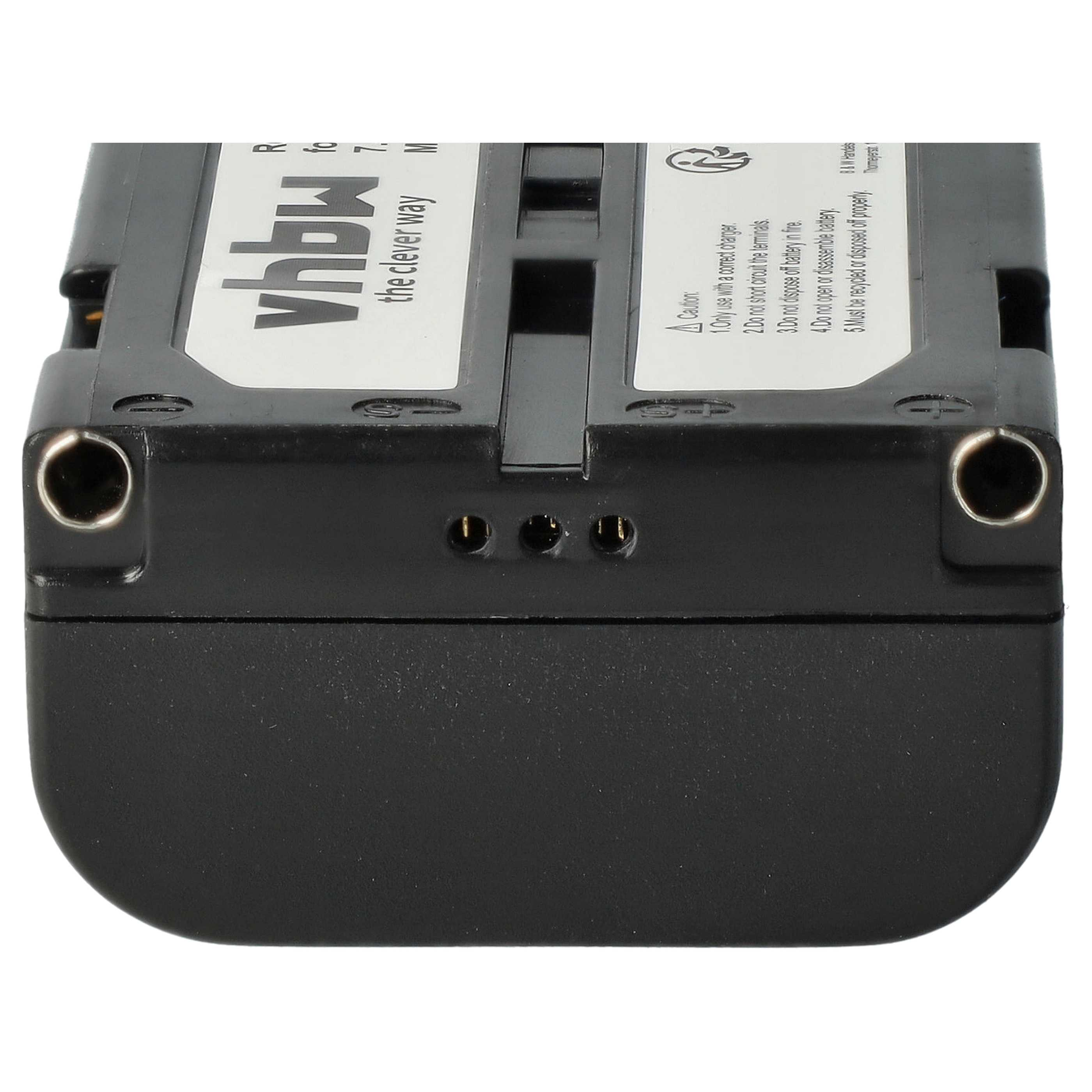Nahaufnahme einer schwarzen vhbw Batterie mit Kontakten und Warntexten.
