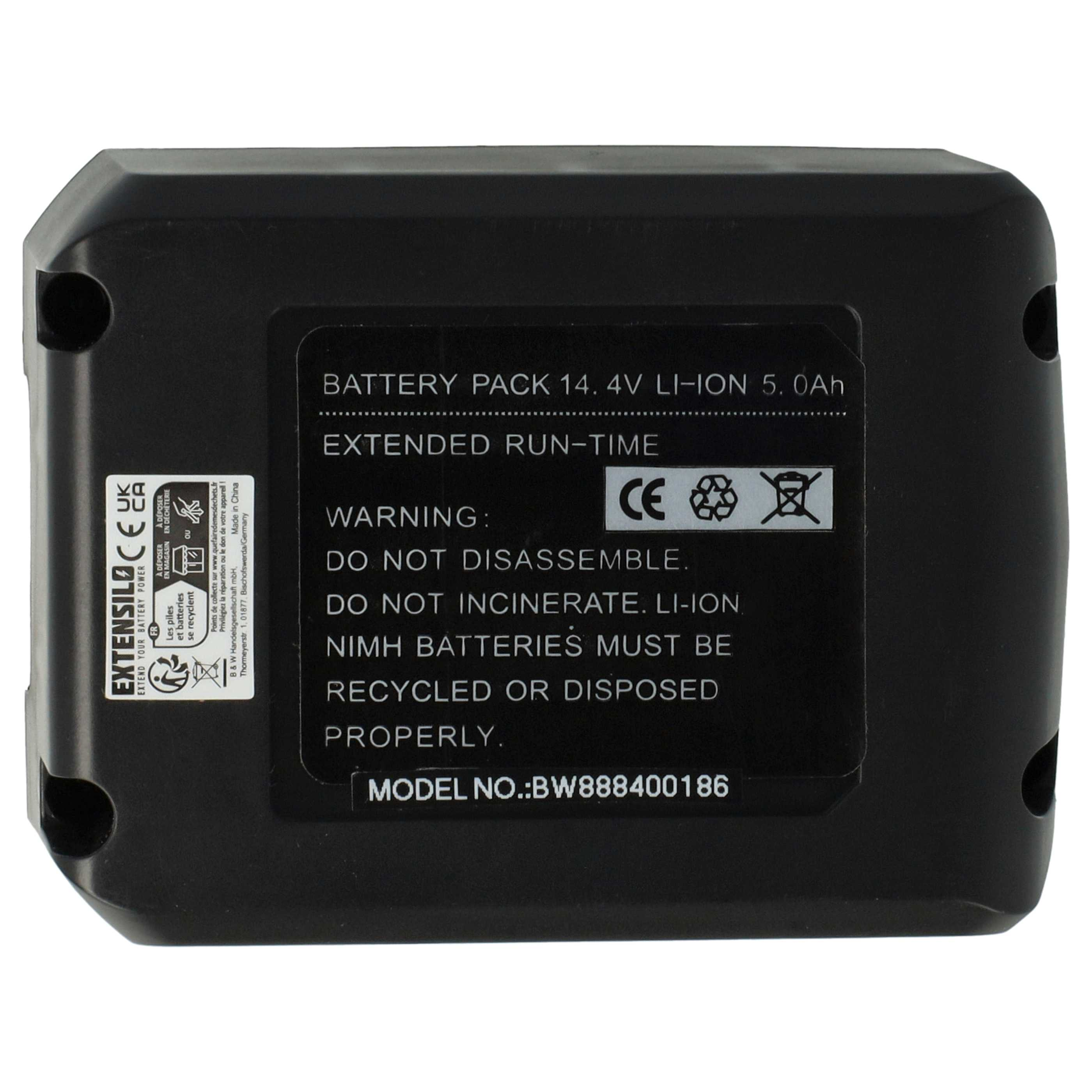 Schwarzer Lithium-Ionen-Akku mit technischen Daten und Warnhinweisen.