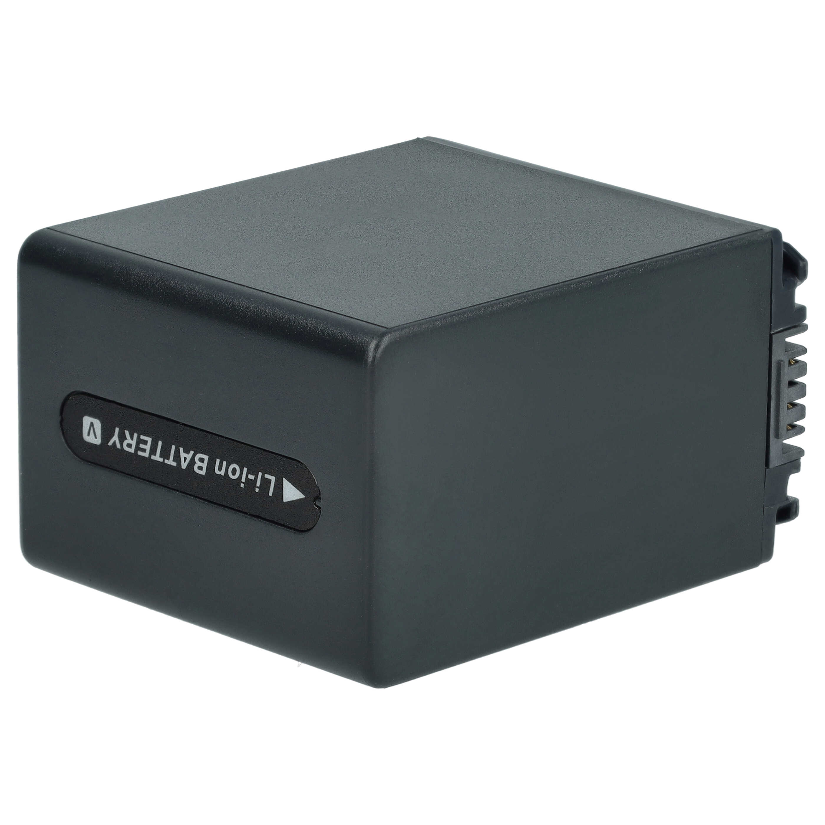 Ein schwarzer Lithium-Ionen-Akku mit Metallkontakten auf einer Seite vor weißem Hintergrund.