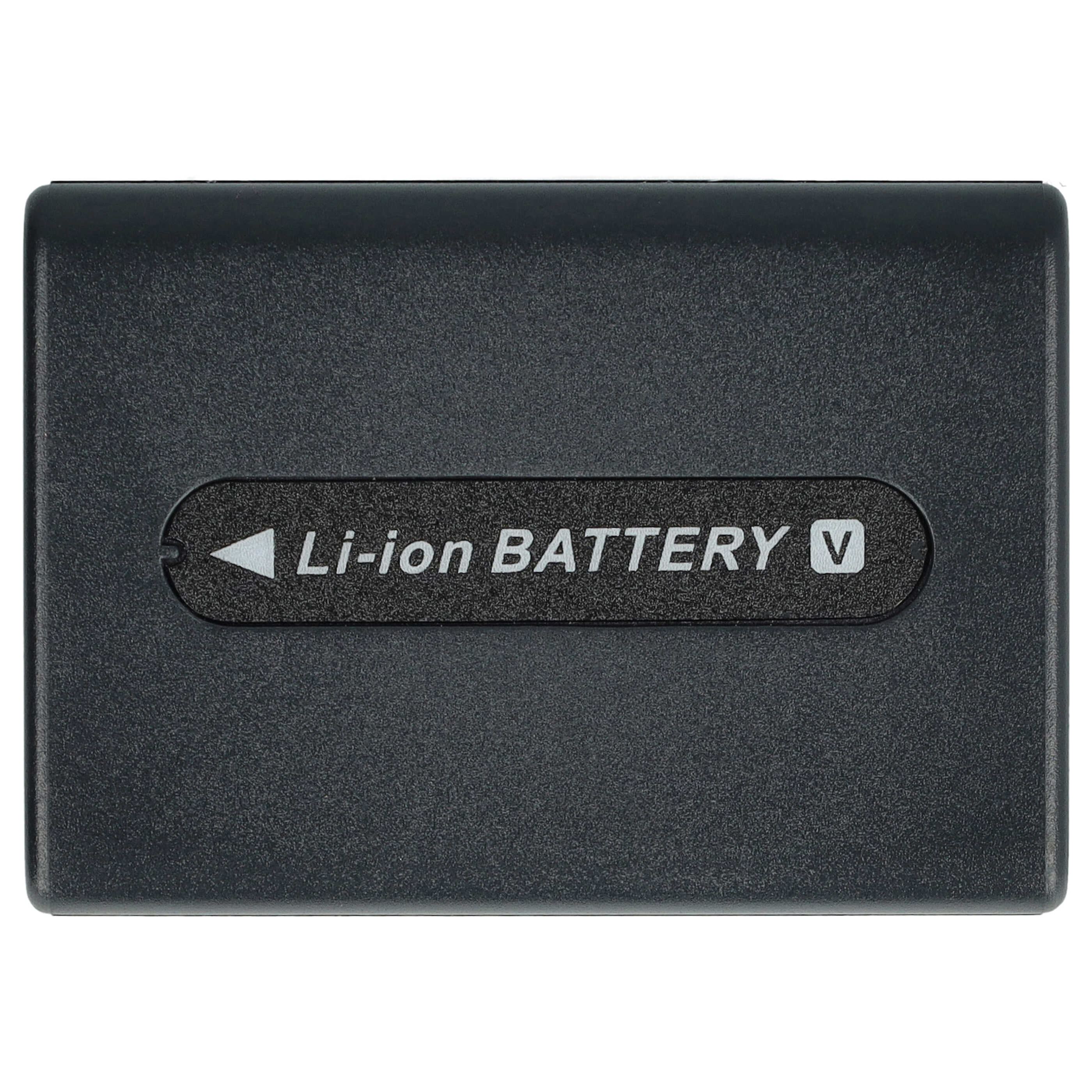Schwarzer Li-Ionen-Akku mit weißem Text und einem Pfeilsymbol auf der Vorderseite vor weißem Hintergrund.