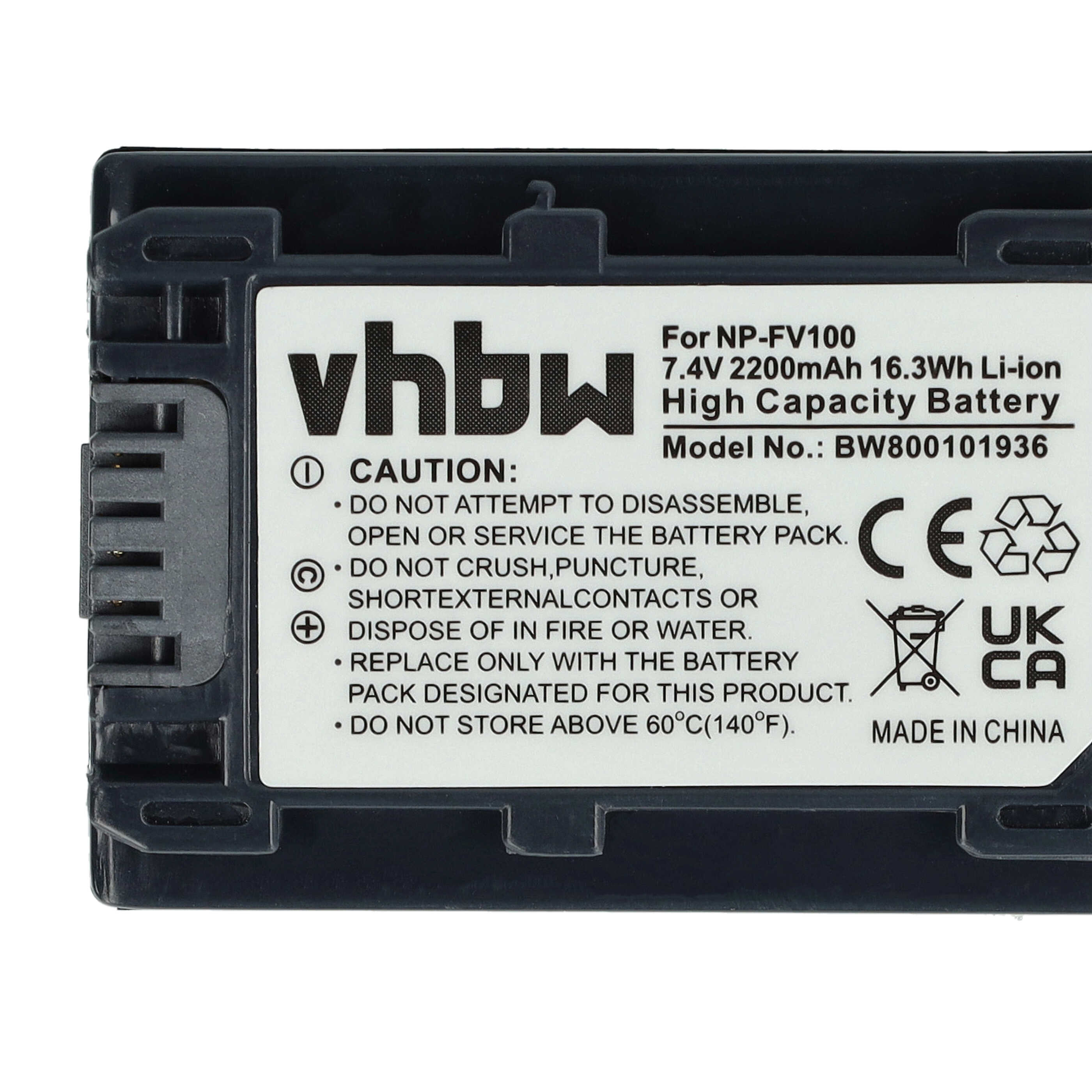 Label auf einer schwarzen VHBW Li-Ionen-Batterie mit Vorsichtshinweisen und technischen Daten.