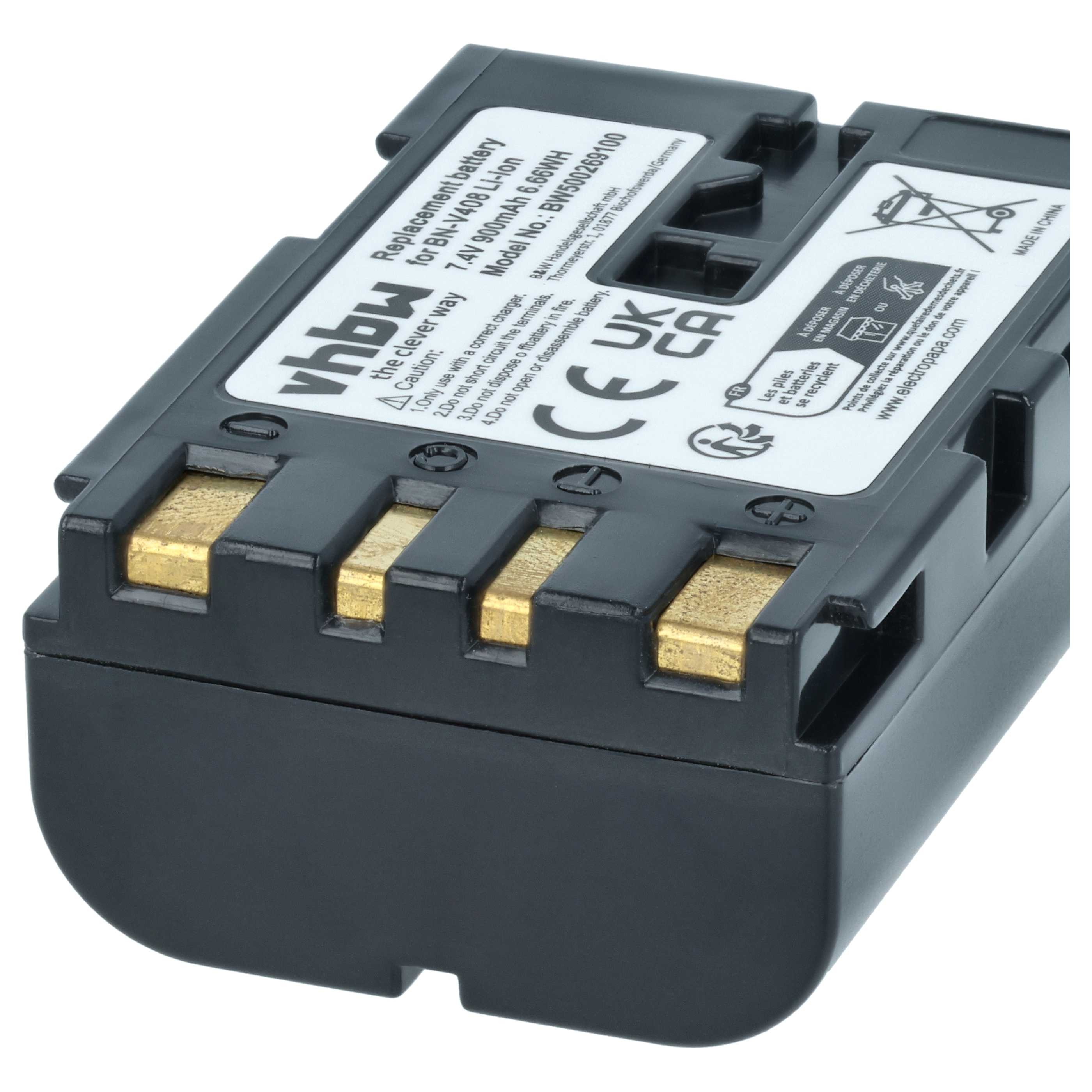 Eine schwarze vhbw Ersatzbatterie mit vier goldenen Kontaktpunkten und weißem Typenschild.