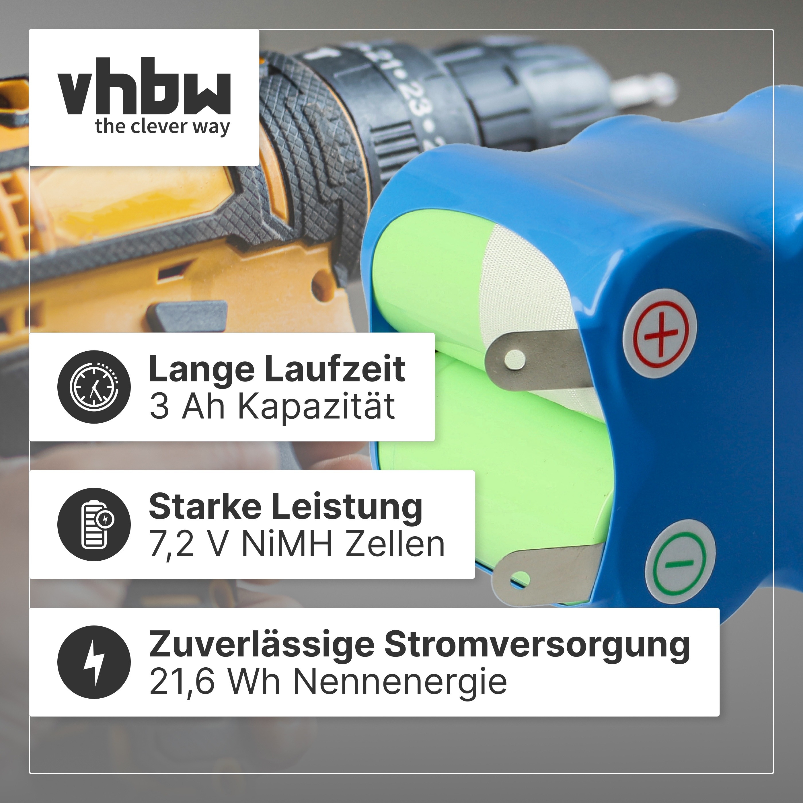 Blaue Akkuzelle mit Vhbw-Logo und gelbem Akkuschrauber im Hintergrund.