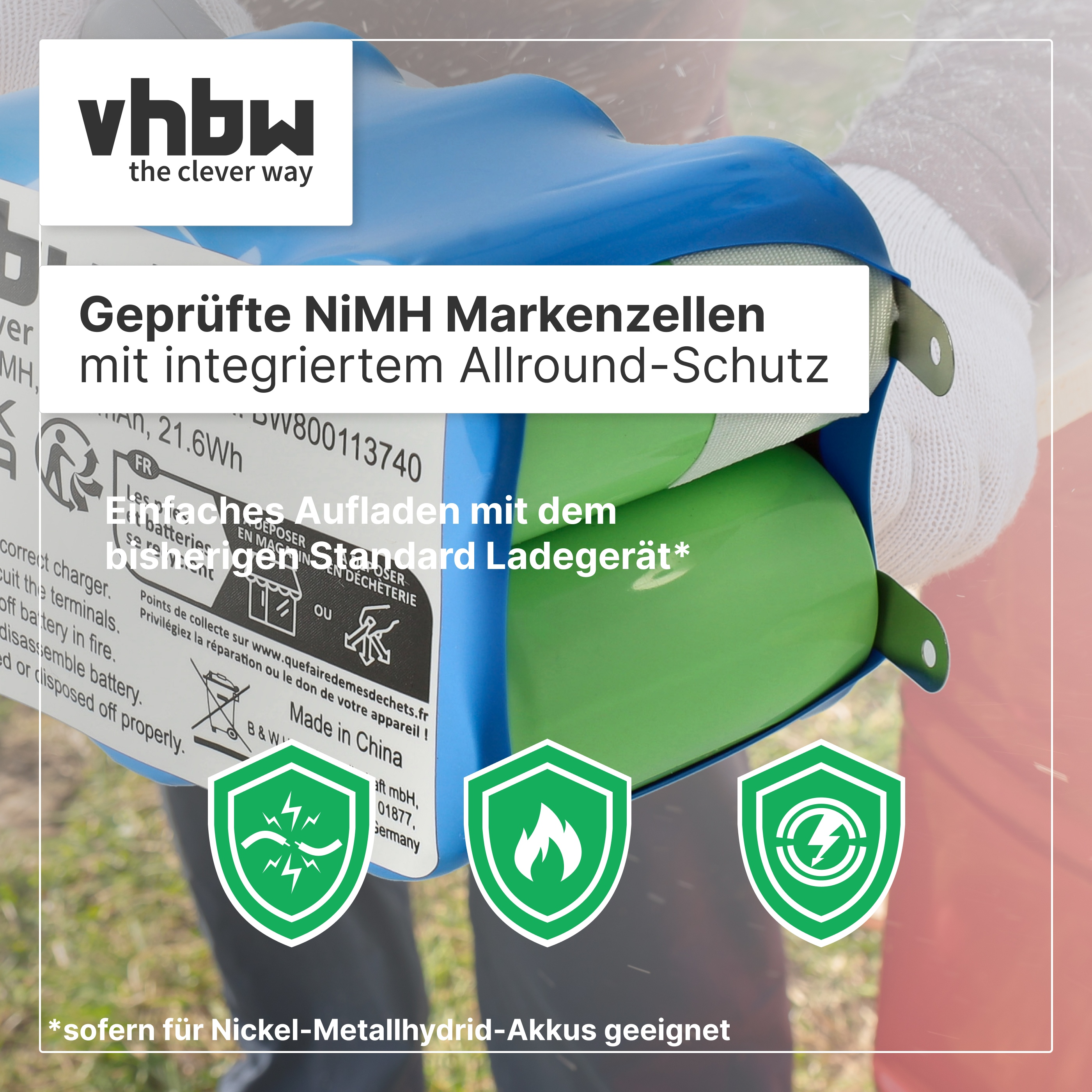 Blaue NiMH-Batterie mit grünen Zellen, vhbw-Logo und Schutzsymbolen in einem grünen Rahmen.