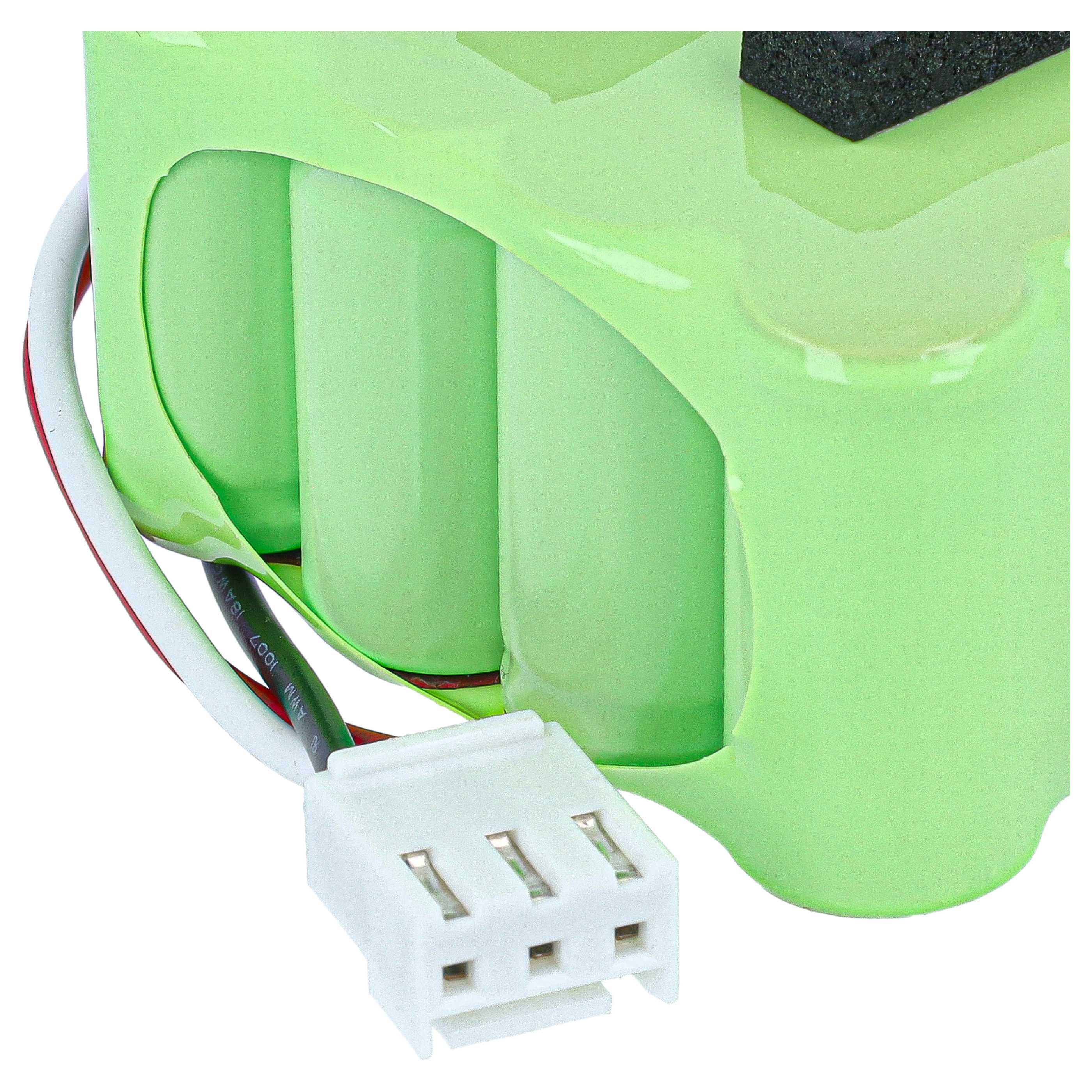 Ein hellgrüner Akku mit Kabeln und einem weißen dreipoligen Stecker.