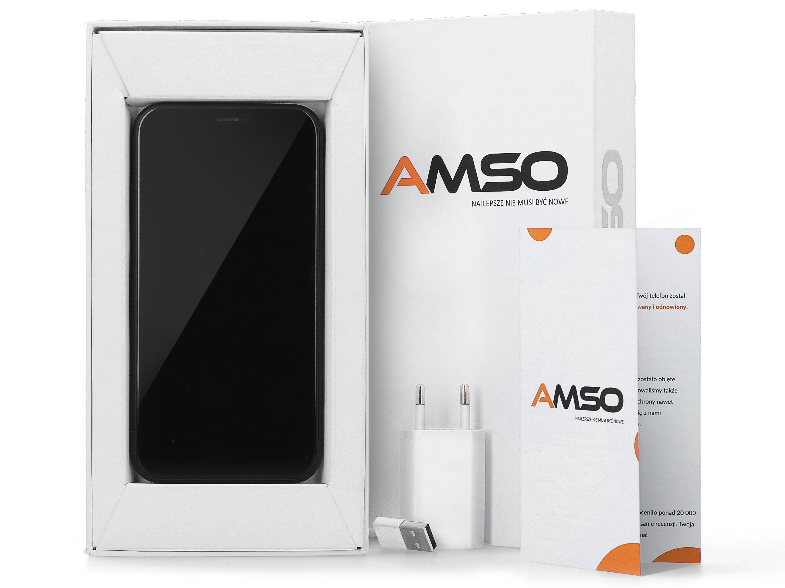 Smartfon w białym pudełku AMSO z ładowarką i dokumentami na białym tle.