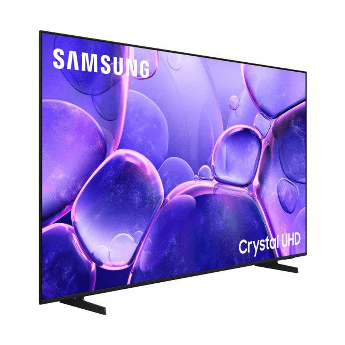 Un televisor Samsung Crystal UHD que muestra un fondo morado vibrante lleno de burbujas.