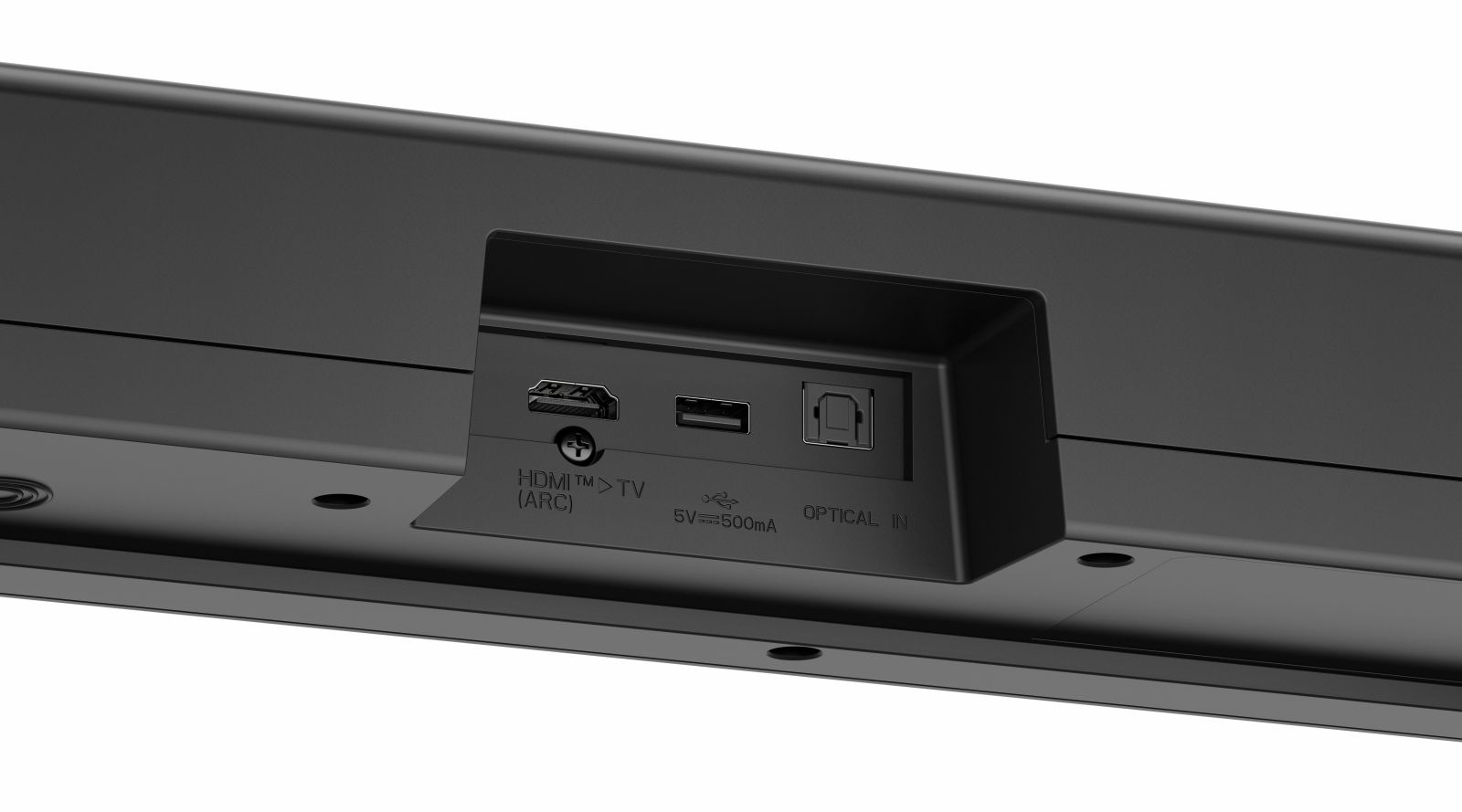 Rear panel of a black soundbar showing HDMI, USB, and optical input ports.