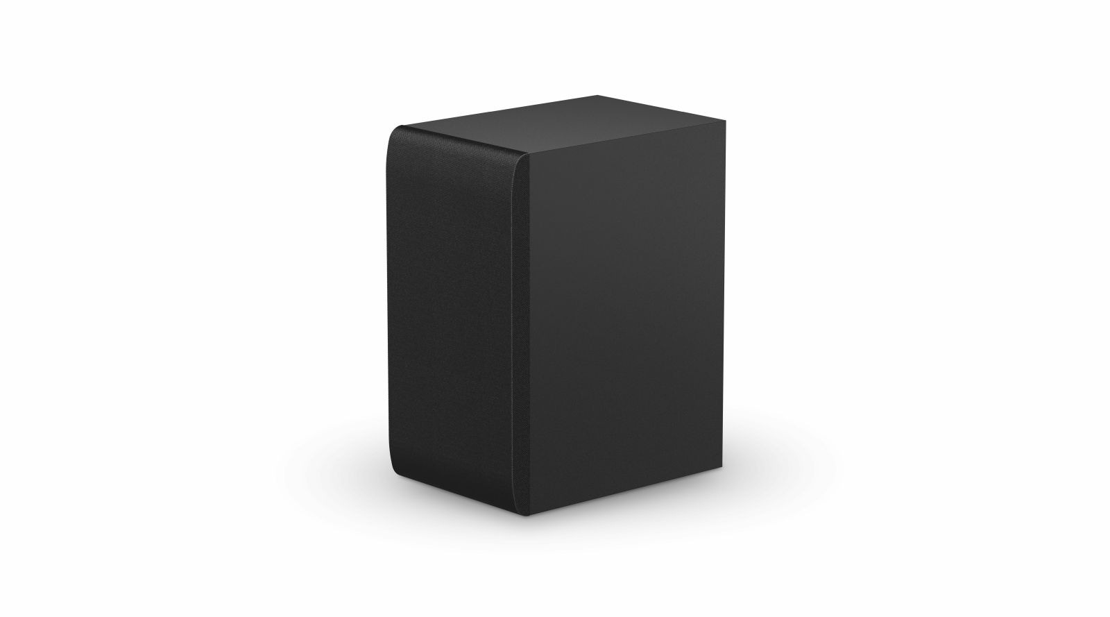 A black bookshelf speaker with a rounded front grille on a white background.