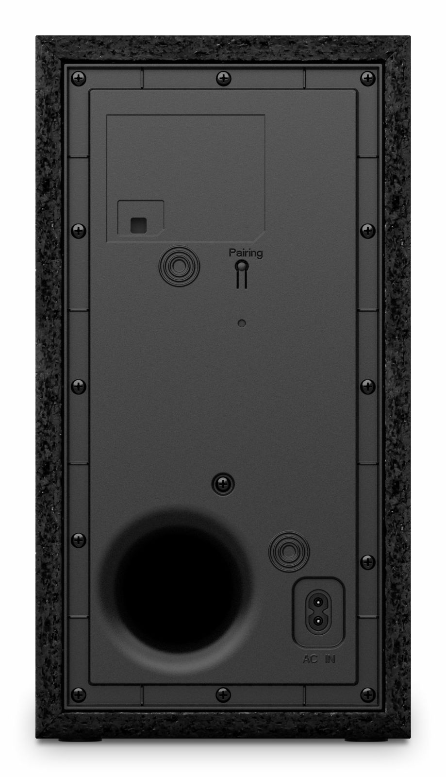 Rear panel of a black speaker featuring a pairing button, a bass port, and an AC IN power socket.