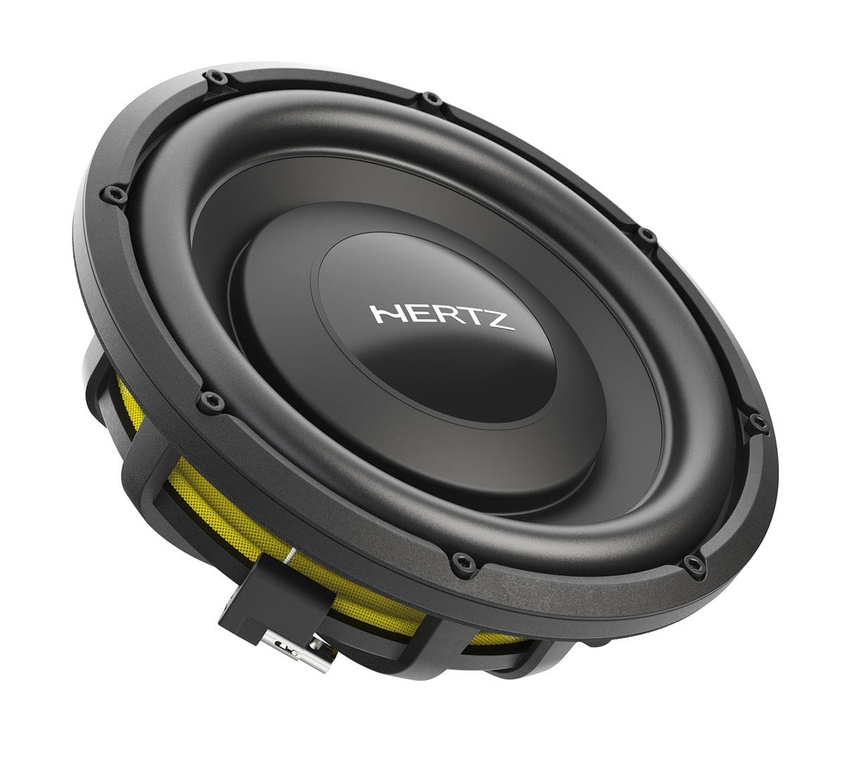 Schwarzer Hertz Car-HiFi-Subwoofer mit gelben Akzenten und weißer Aufschrift vor weißem Hintergrund.