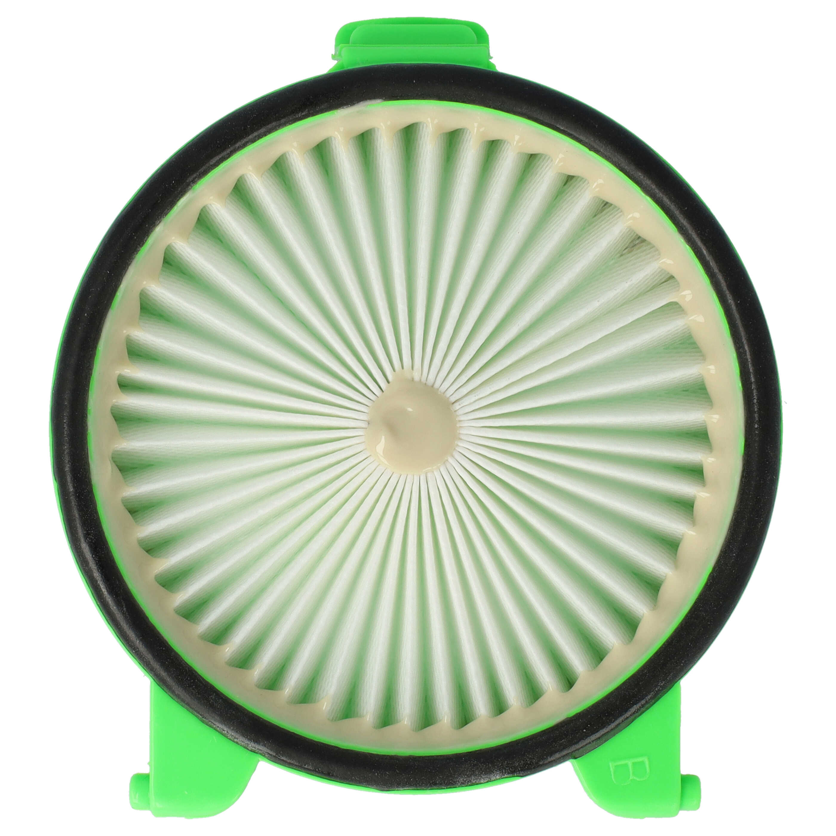 Runder grüner Filter mit weißen Lamellen und schwarzem Rand.