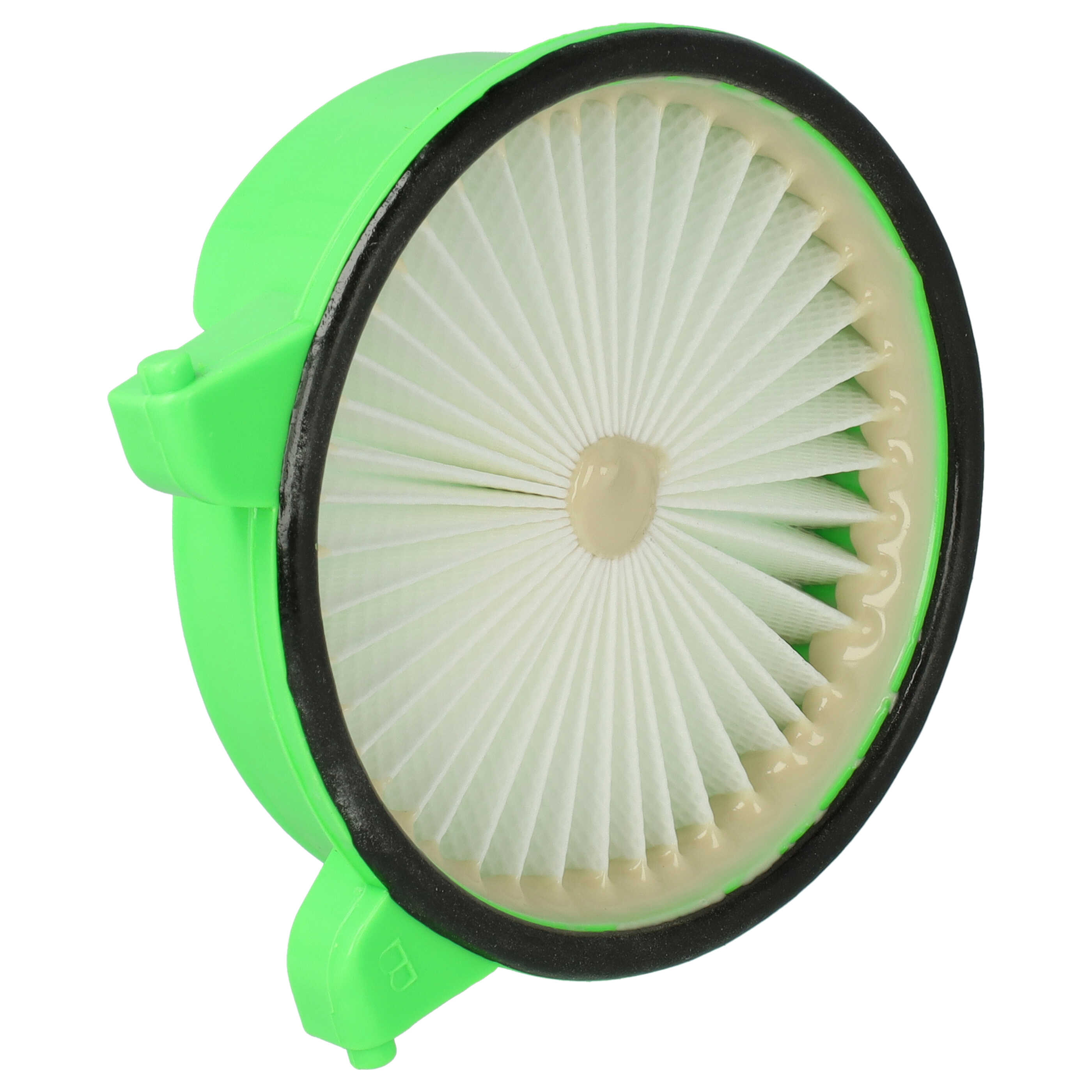 Runder grüner Filter mit weißem Faltenelement und schwarzem Rand auf weißem Hintergrund.