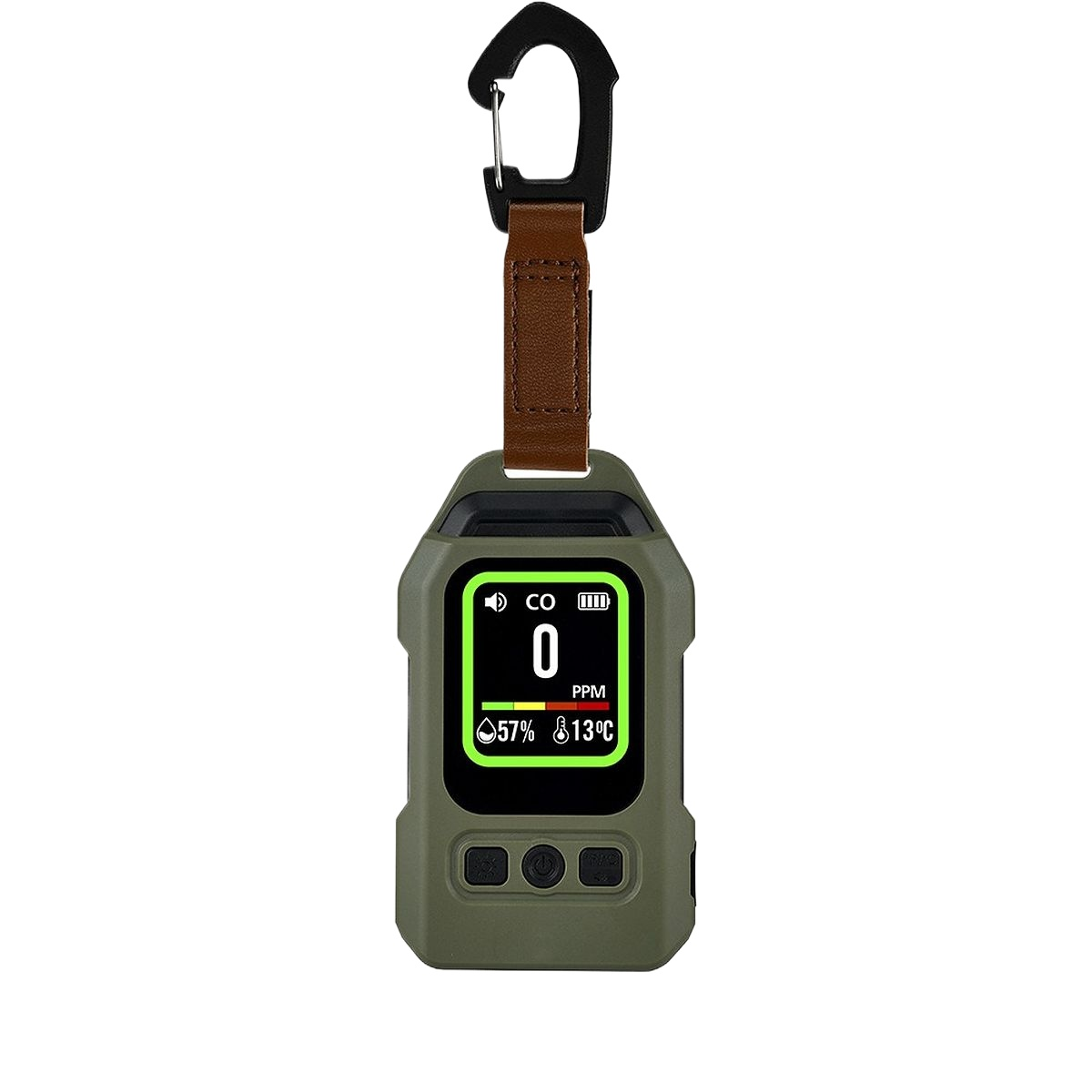Grünes CO2-Messgerät mit Display, braunem Lederriemen und schwarzem Karabiner.