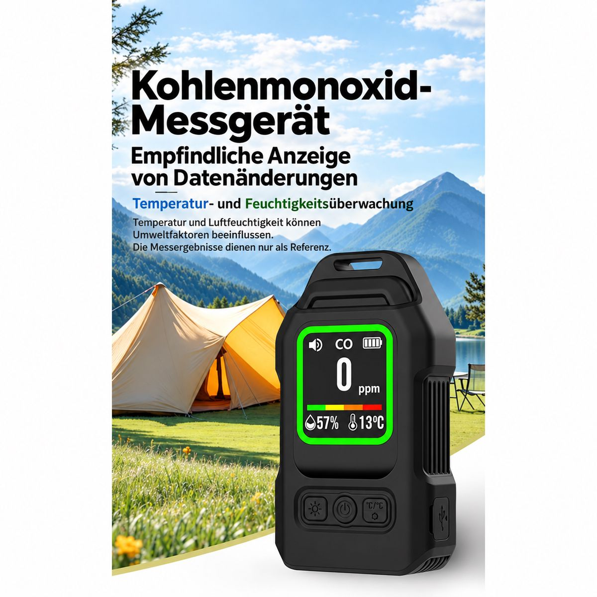 Ein schwarzer Kohlenmonoxidmelder im Vordergrund mit deutschem Text, vor einer Berg- und Zeltlandschaft.