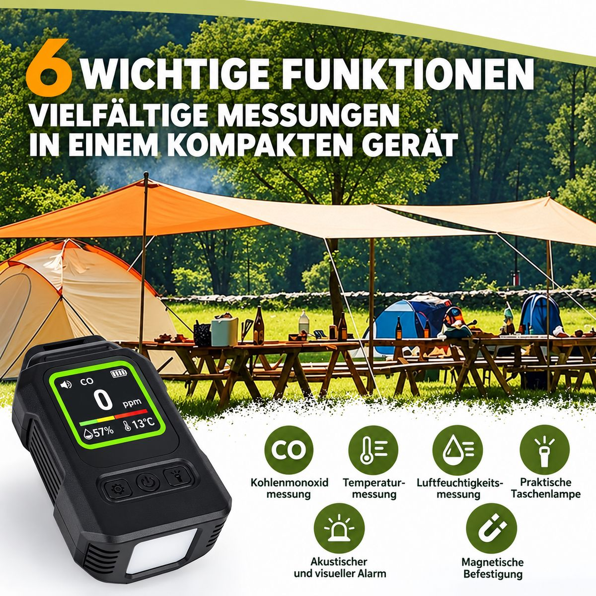 Kompaktes CO-Messgerät im Vordergrund vor einer Camping-Szene mit Text und sechs Funktionen.