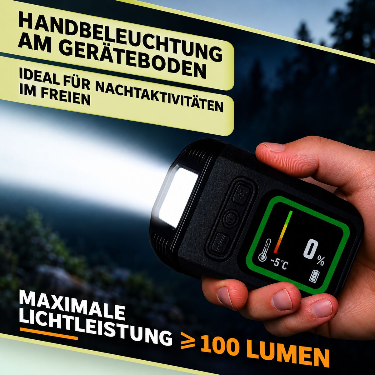 Hand hält ein schwarzes Multifunktionsgerät mit Display und heller LED-Beleuchtung im Freien.