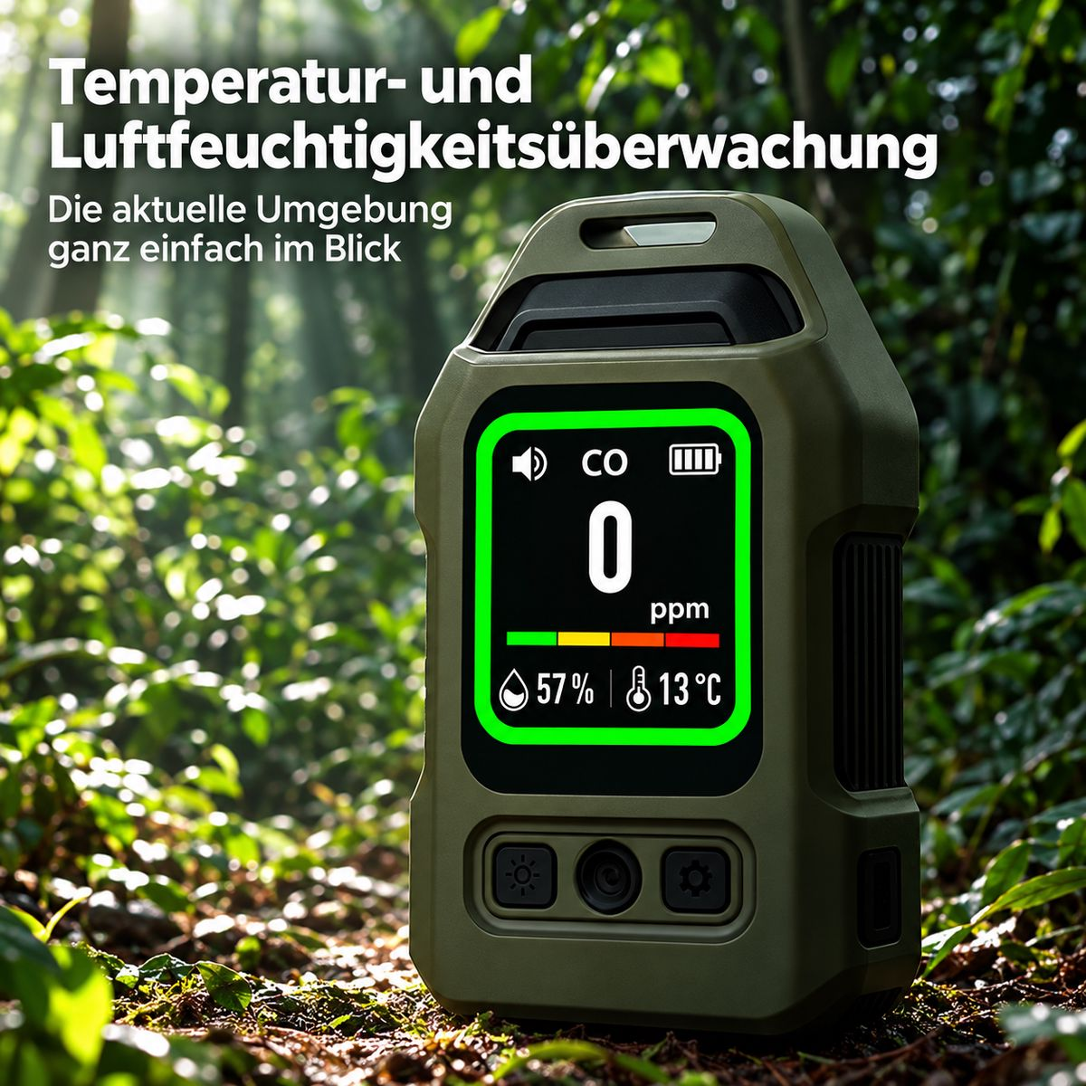 Grünes CO2-Messgerät im Wald mit Temperatur- und Feuchtigkeitsanzeige.