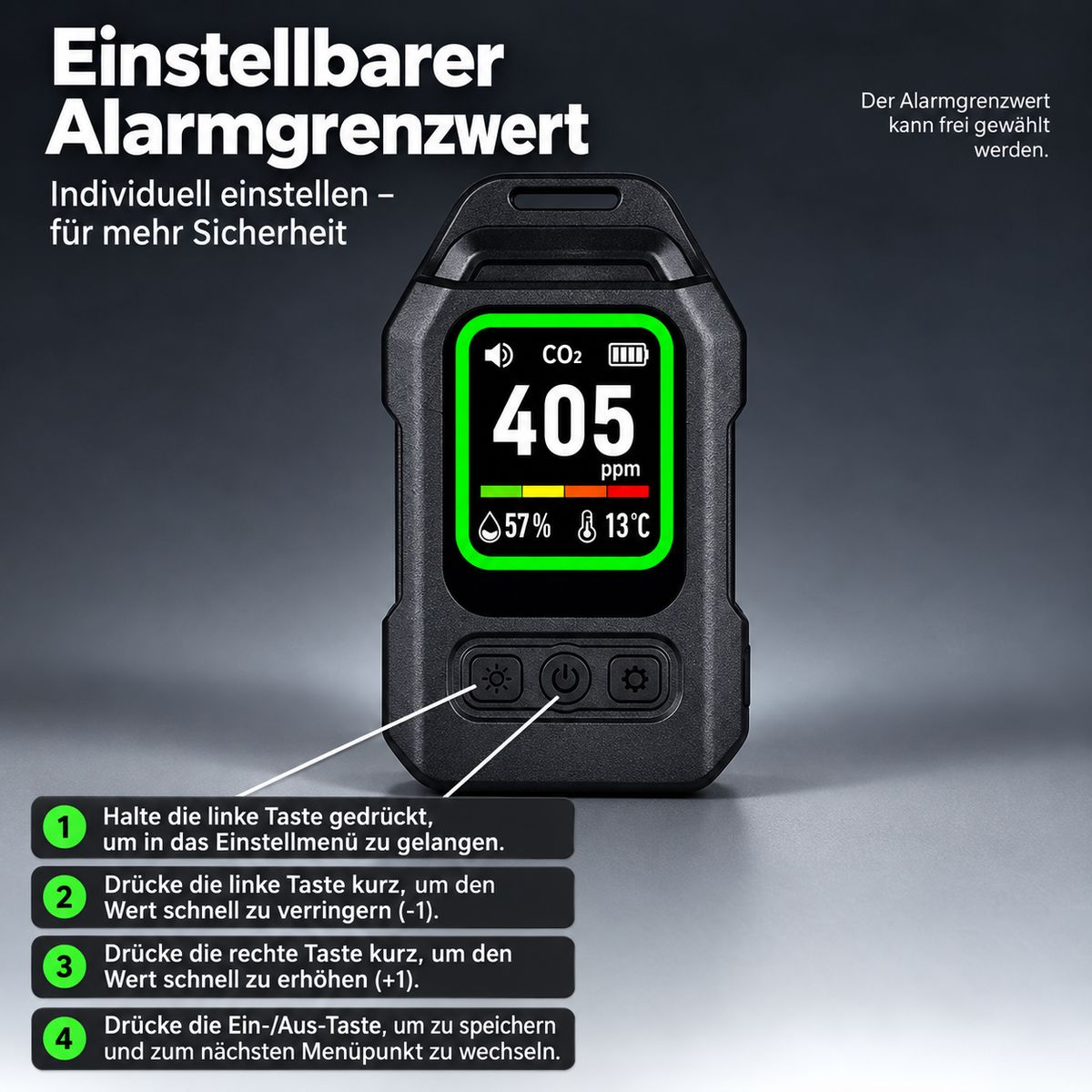 Schwarzes CO2-Messgerät mit grünem Display zeigt 405 ppm, Luftfeuchtigkeit und Temperatur mit Einstellungsanleitung.