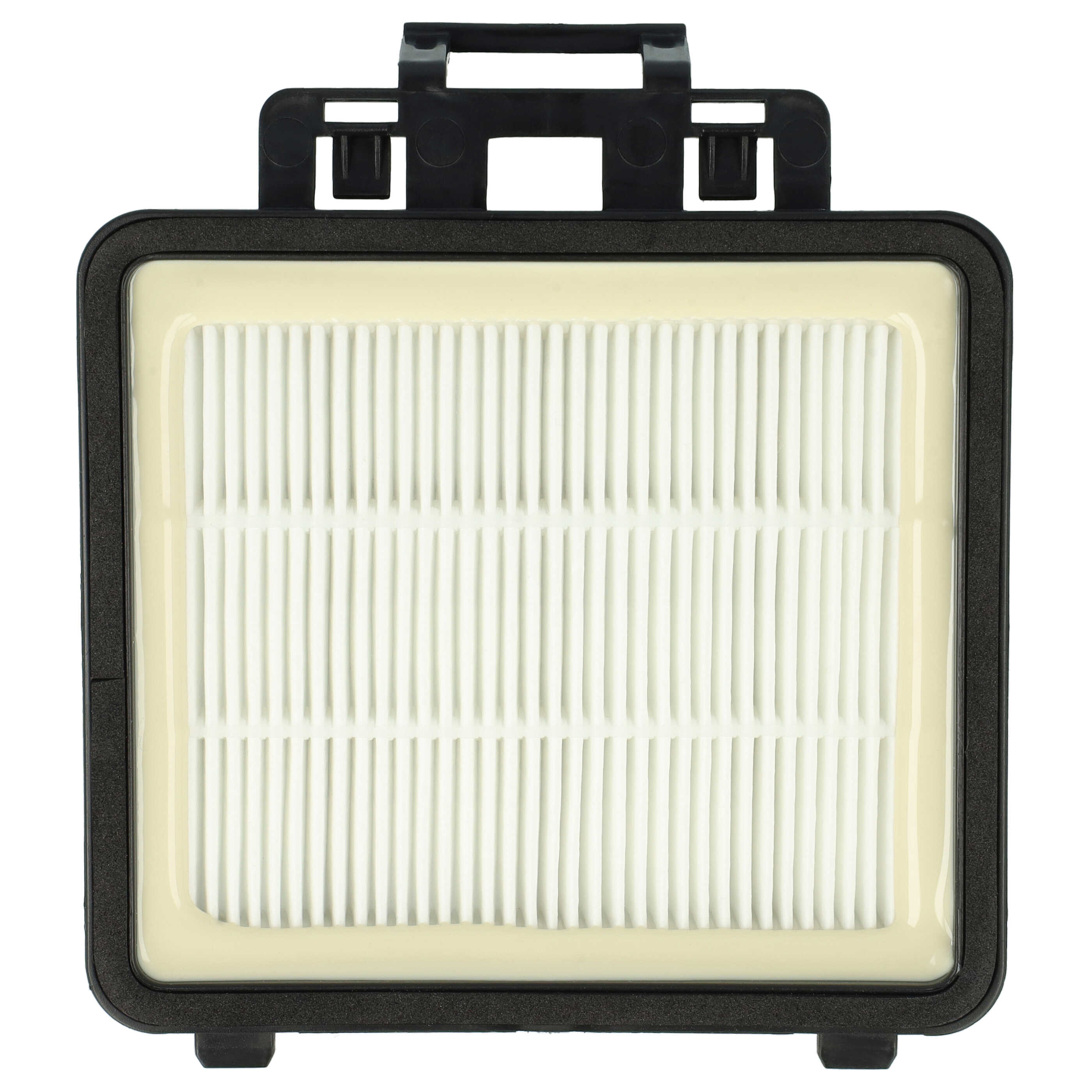 Ein quadratischer Staubsaugerfilter mit schwarzem Rahmen, weißem Faltenfilter und schwarzem Griff oben.