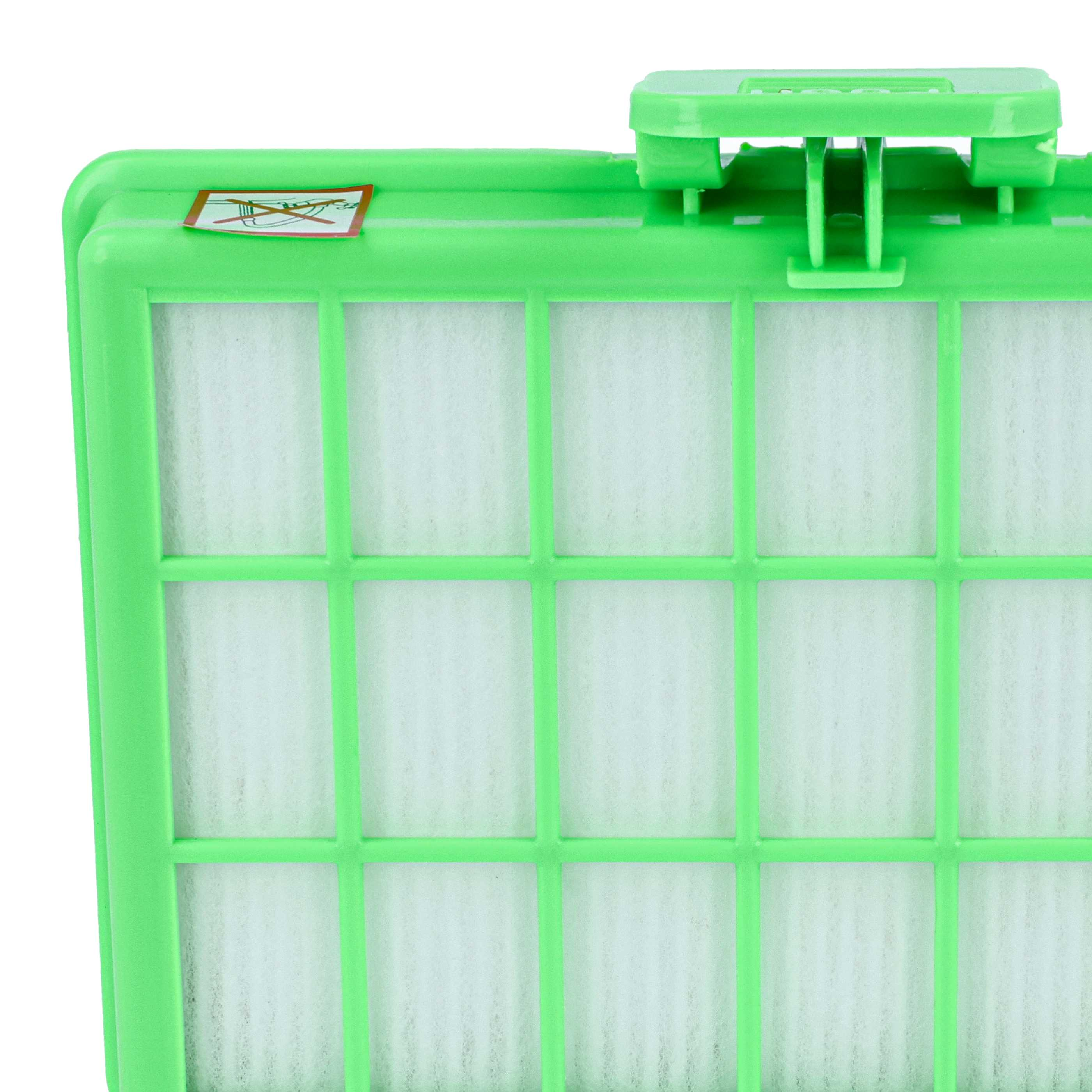 Grüner Staubsaugerfilter mit Gitterstruktur und weißem Filtermaterial.