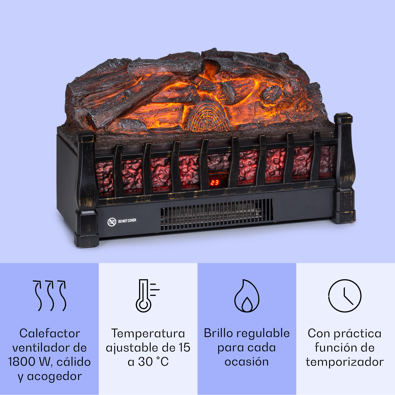 Elektrischer Kamin mit glühenden Holzscheiten, Gitterfront und vier blauen Info-Feldern unten.