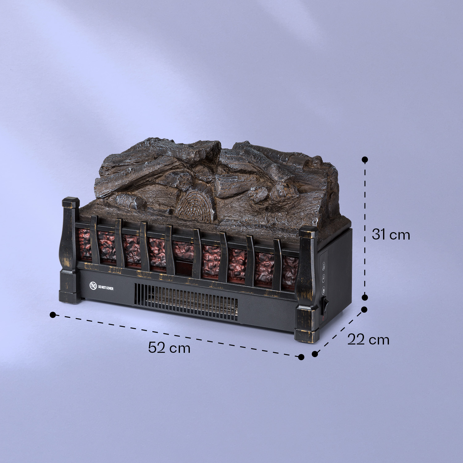 Elektrischer Kaminaufsatz mit künstlichen Holzscheiten und roten Glut-Effekten, Maße 52x22x31 cm.