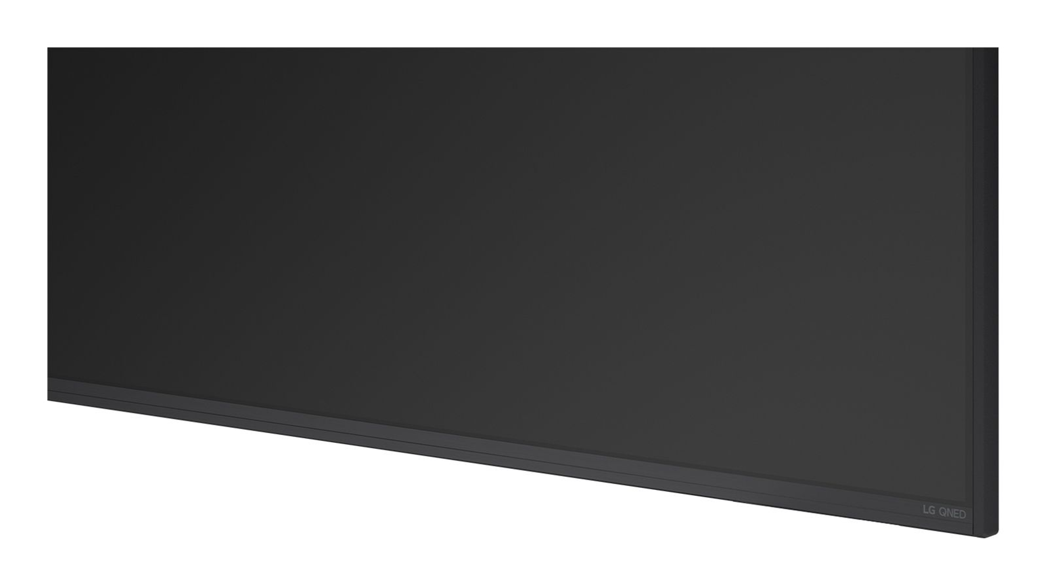 Nahaufnahme eines schwarzen LG QNED Fernsehrs mit schmalem Rahmen vor weißem Hintergrund.