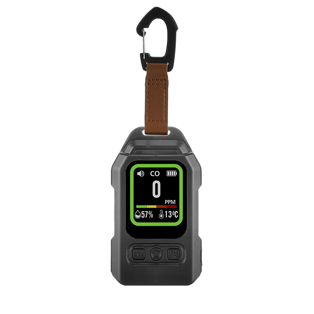 Schwarzes CO2-Messgerät mit Display, brauner Lasche und schwarzem Karabiner.