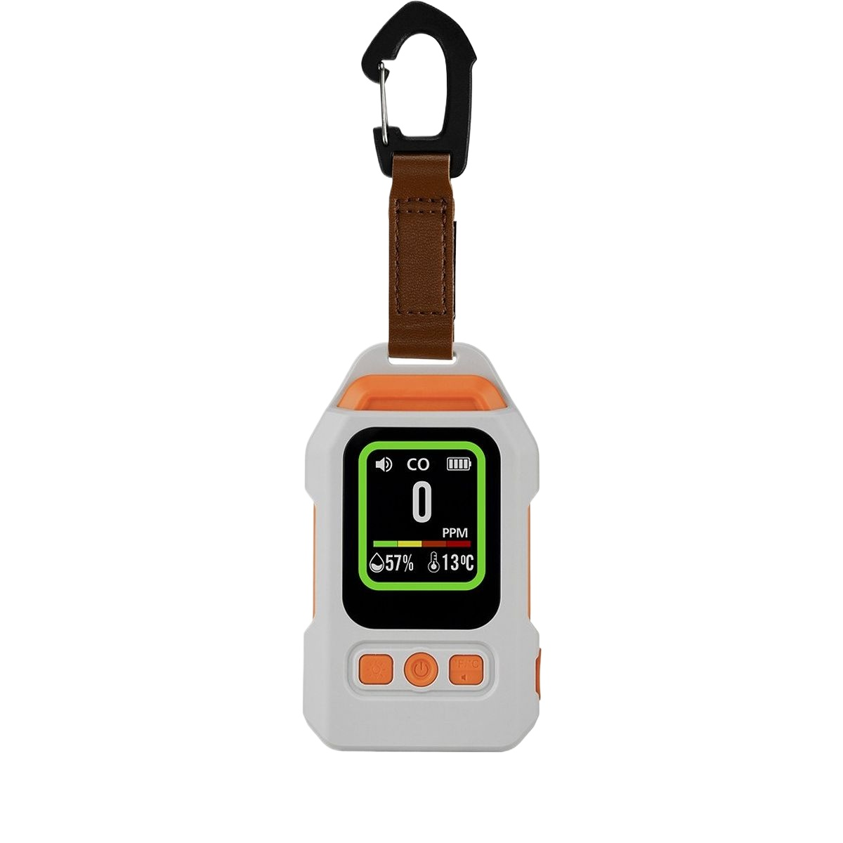 Weiß-orange CO-Warner mit Display für 0 PPM, Feuchtigkeit und Temperatur, befestigt an einem schwarzen Karabiner.