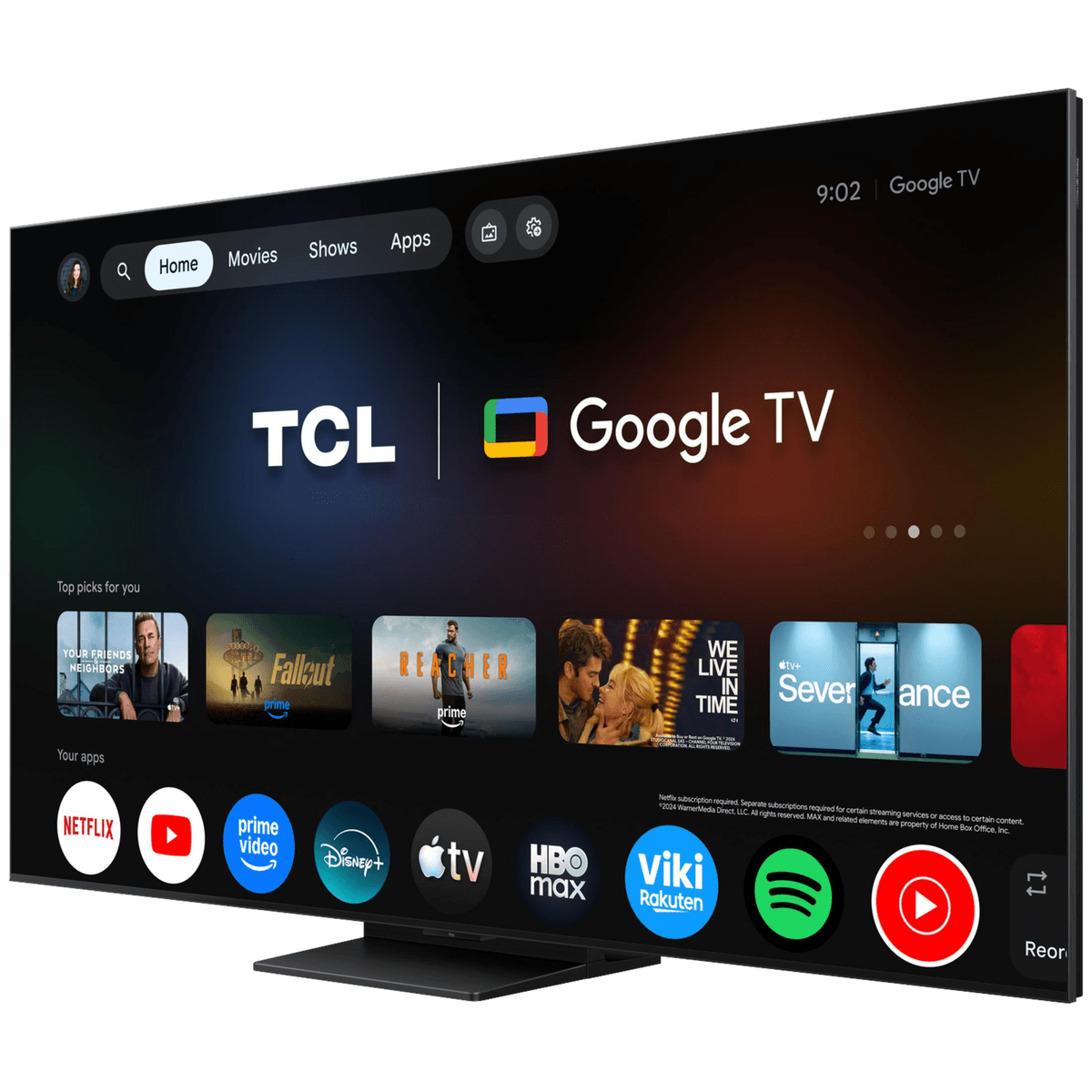 Un televisor TCL Google TV muestra su pantalla de inicio con varias aplicaciones de streaming como Netflix, YouTube y Prime Video.
