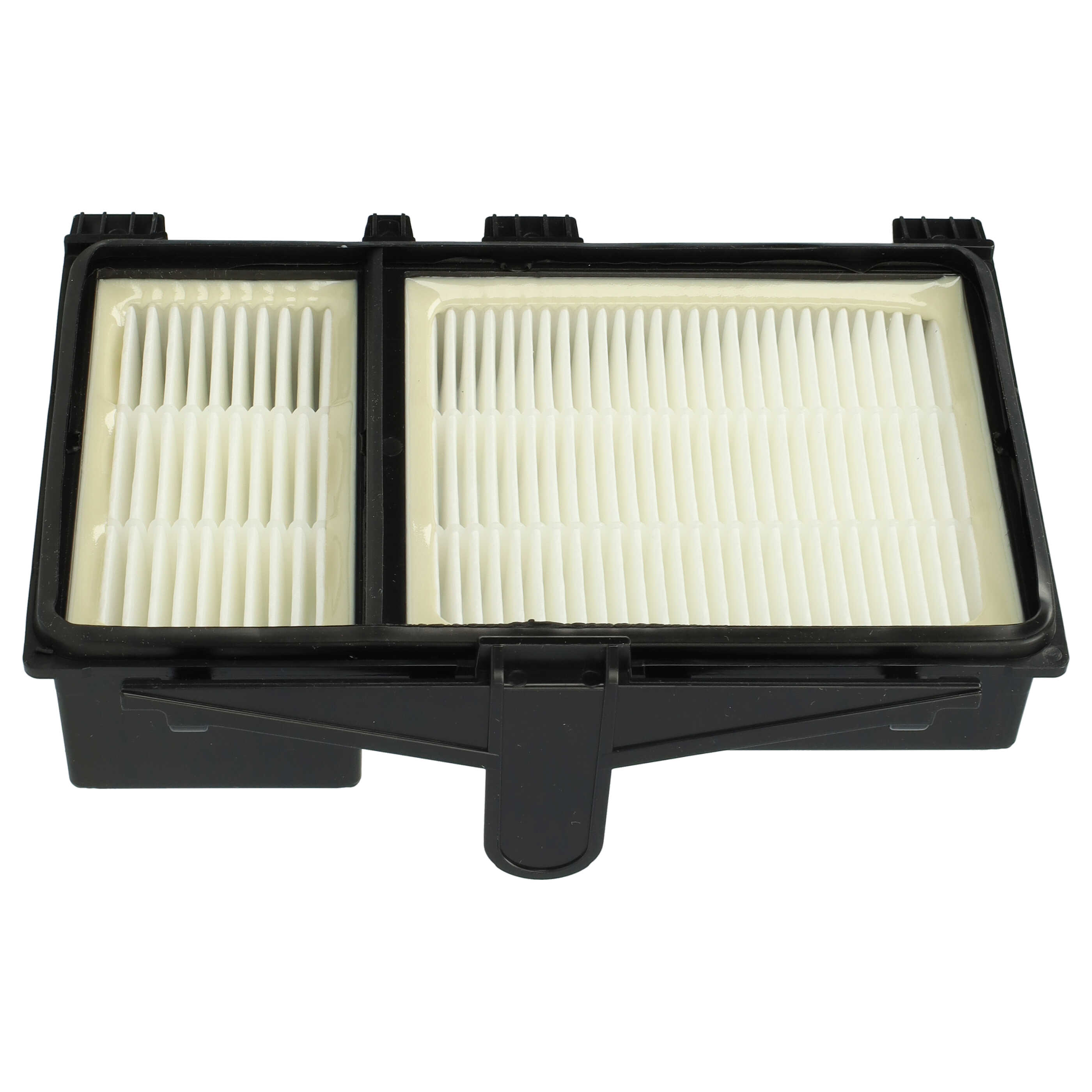 Ein schwarzes Autofiltergehäuse mit zwei weißen plisSIErten Papierelementen auf weißem Hintergrund.