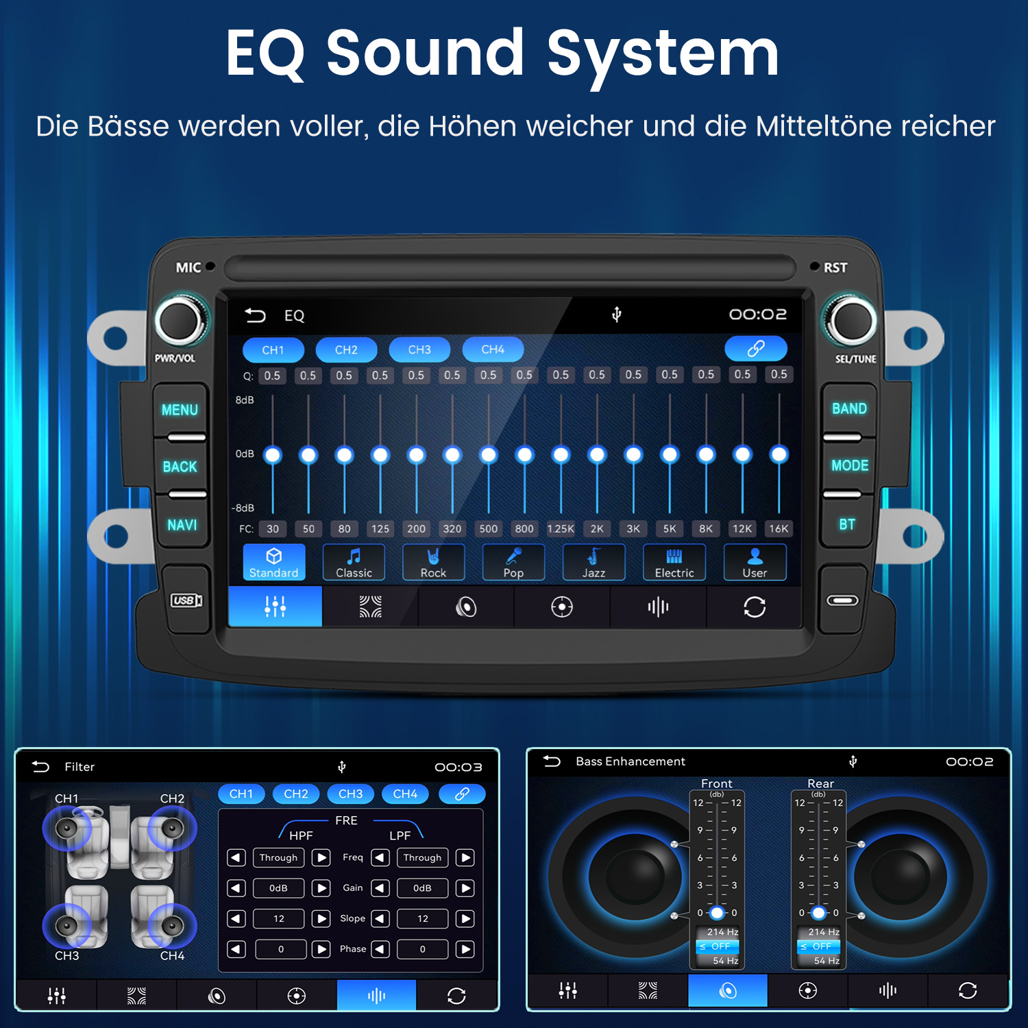 Ein Auto-Equalizer-Display mit verschiedenen Klangreglern und Einstellungsoptionen auf blauem Hintergrund.