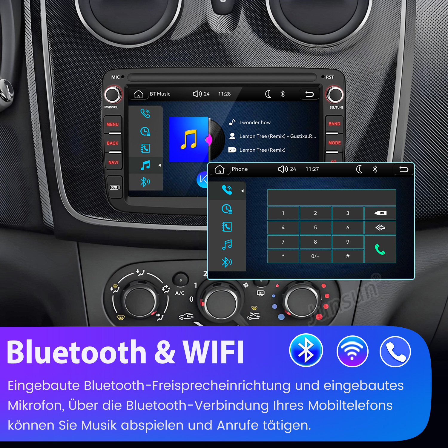 Ein Car-Audio-System im Armaturenbrett mit Touchscreen zeigt Musikwiedergabe und Telefonwahl.