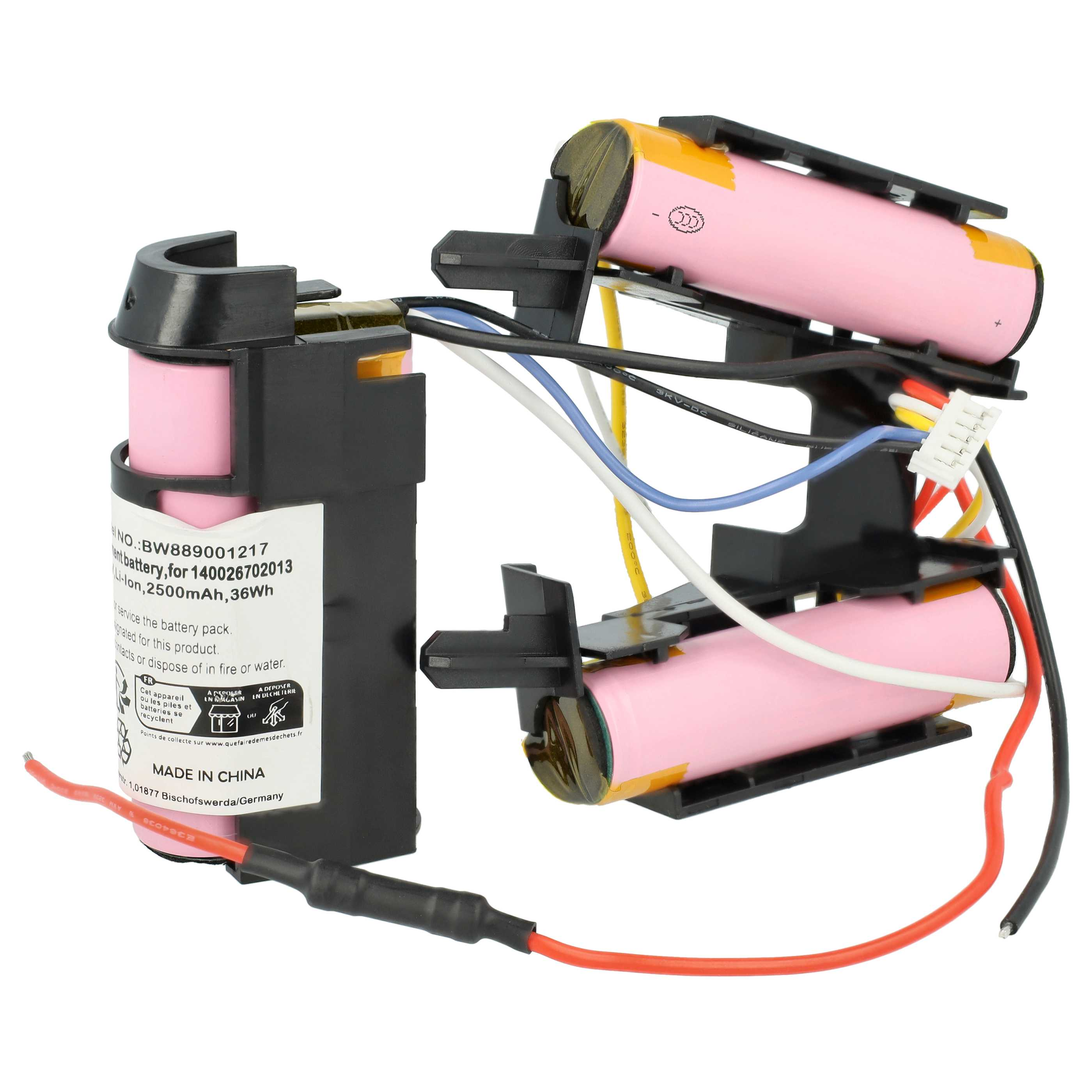 Rosa Lithium-Ionen-Akkupack in schwarzem Plastikhalter mit Kabeln und weißem Aufkleber.