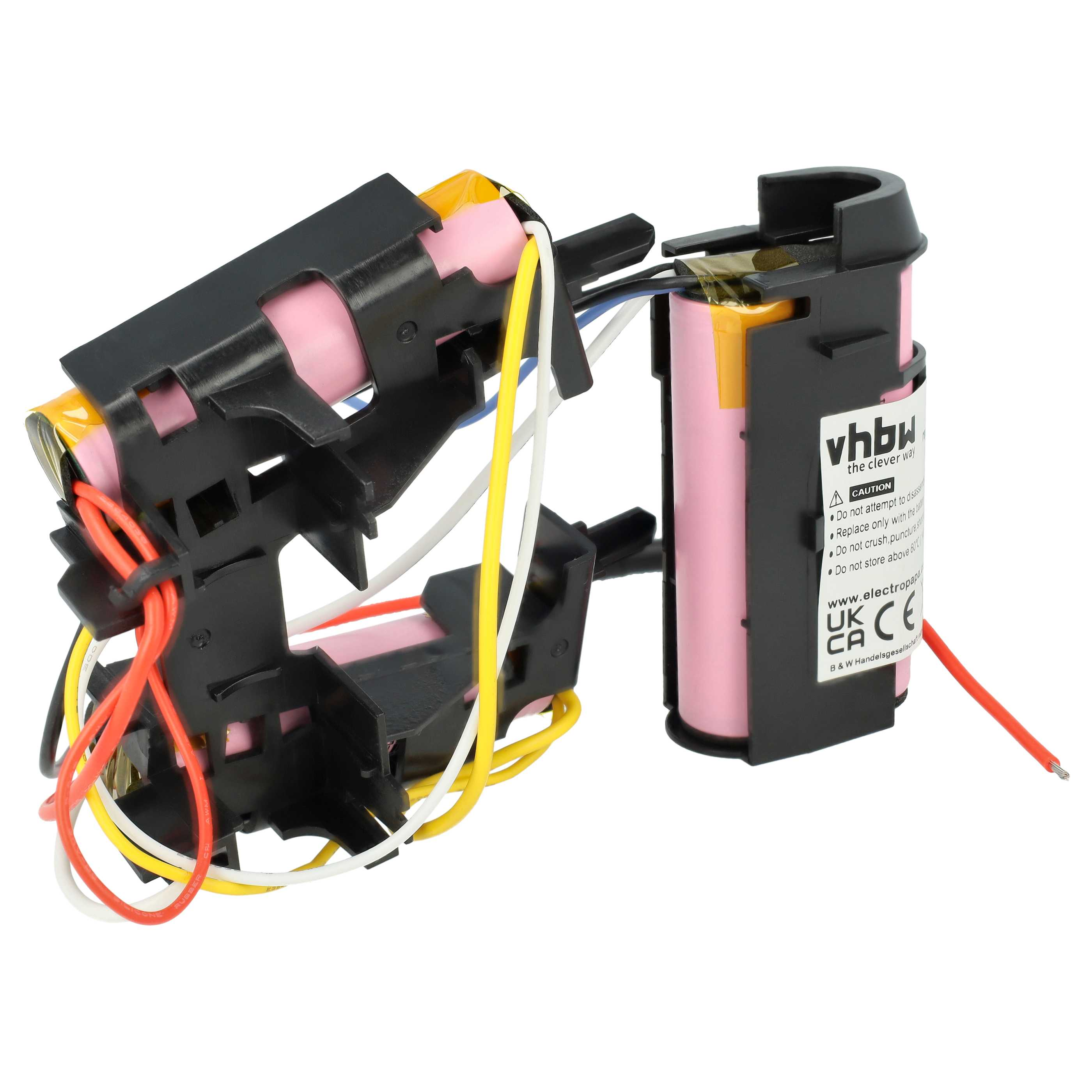Rosa Lithium-Ionen-Akkus in einem schwarzen Plastikhalter mit gelben, roten und weissen Kabeln.