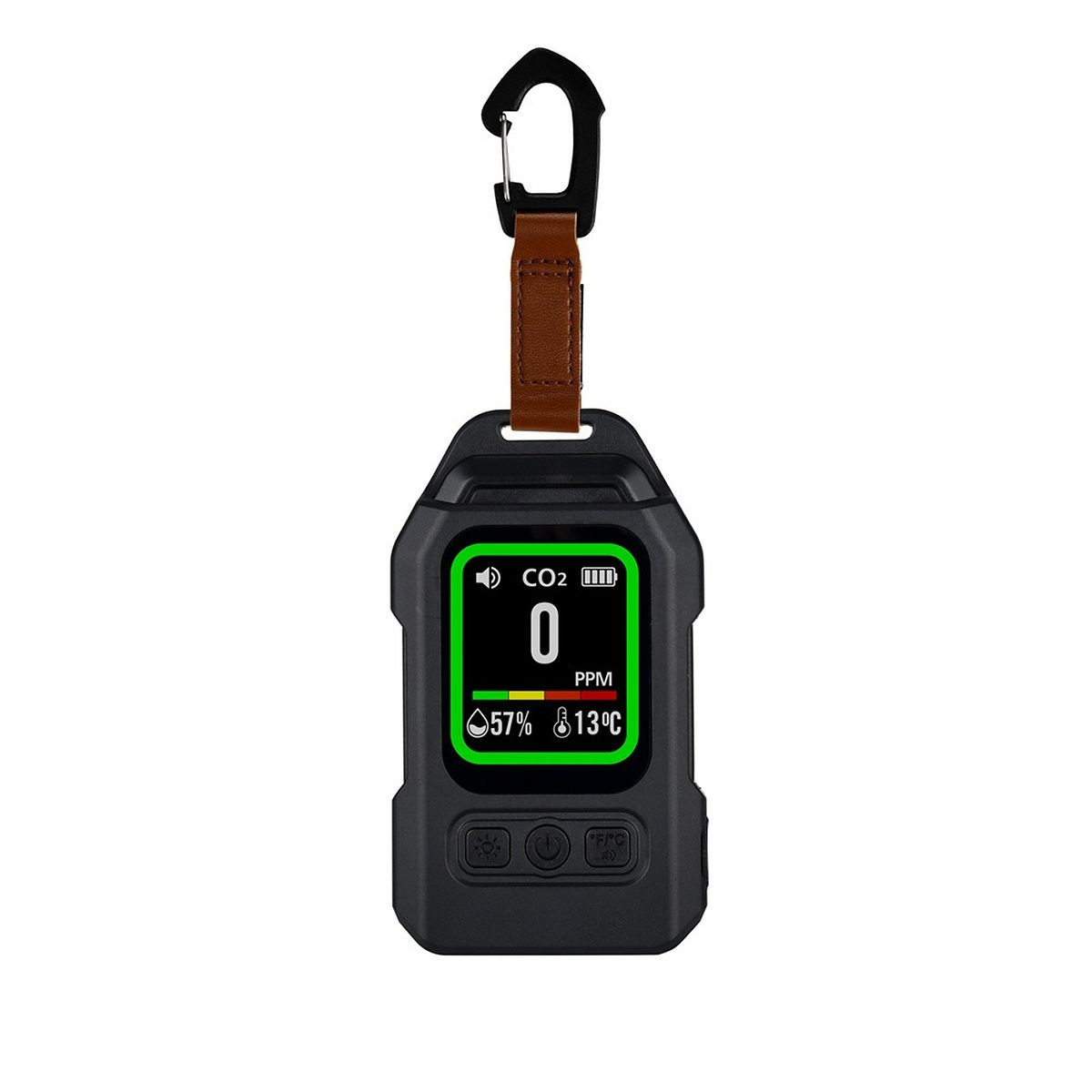 Schwarzes CO2-Messgerät mit grünem Display, braunem Lederriemen und schwarzem Karabiner auf weißem Hintergrund.