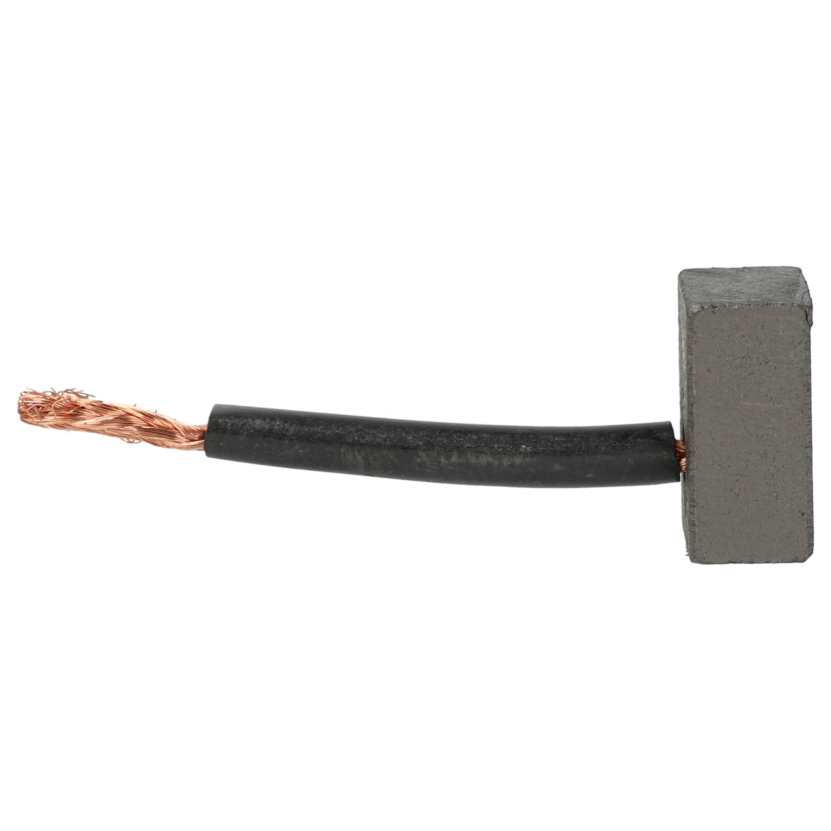 Eine rechteckige Kohlebürste mit schwarzem Kabel und freiliegender Kupferlitze auf weißem Hintergrund.