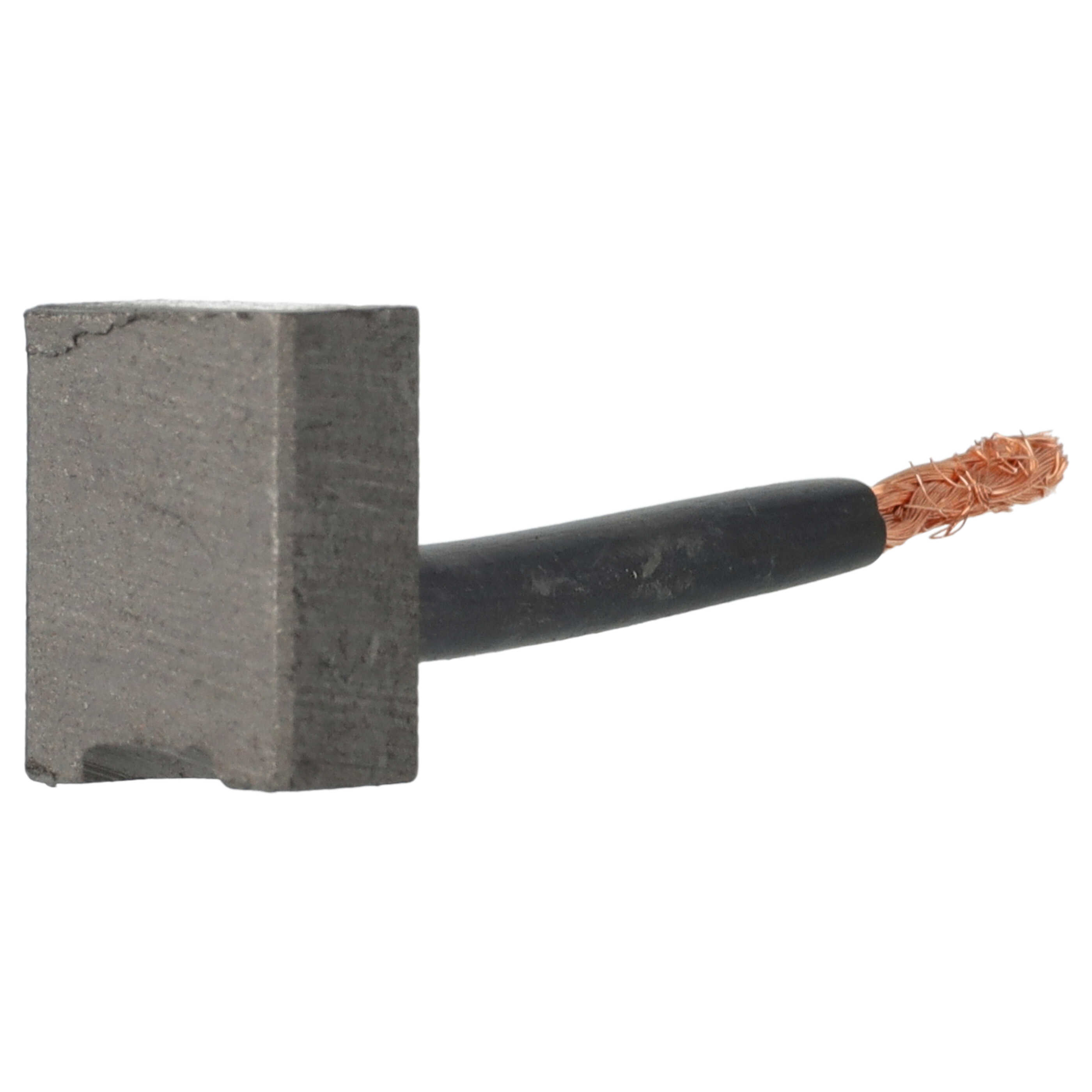 Eine rechteckige Kohlebürste mit schwarzem Kabel und freiliegender Kupferlitze.