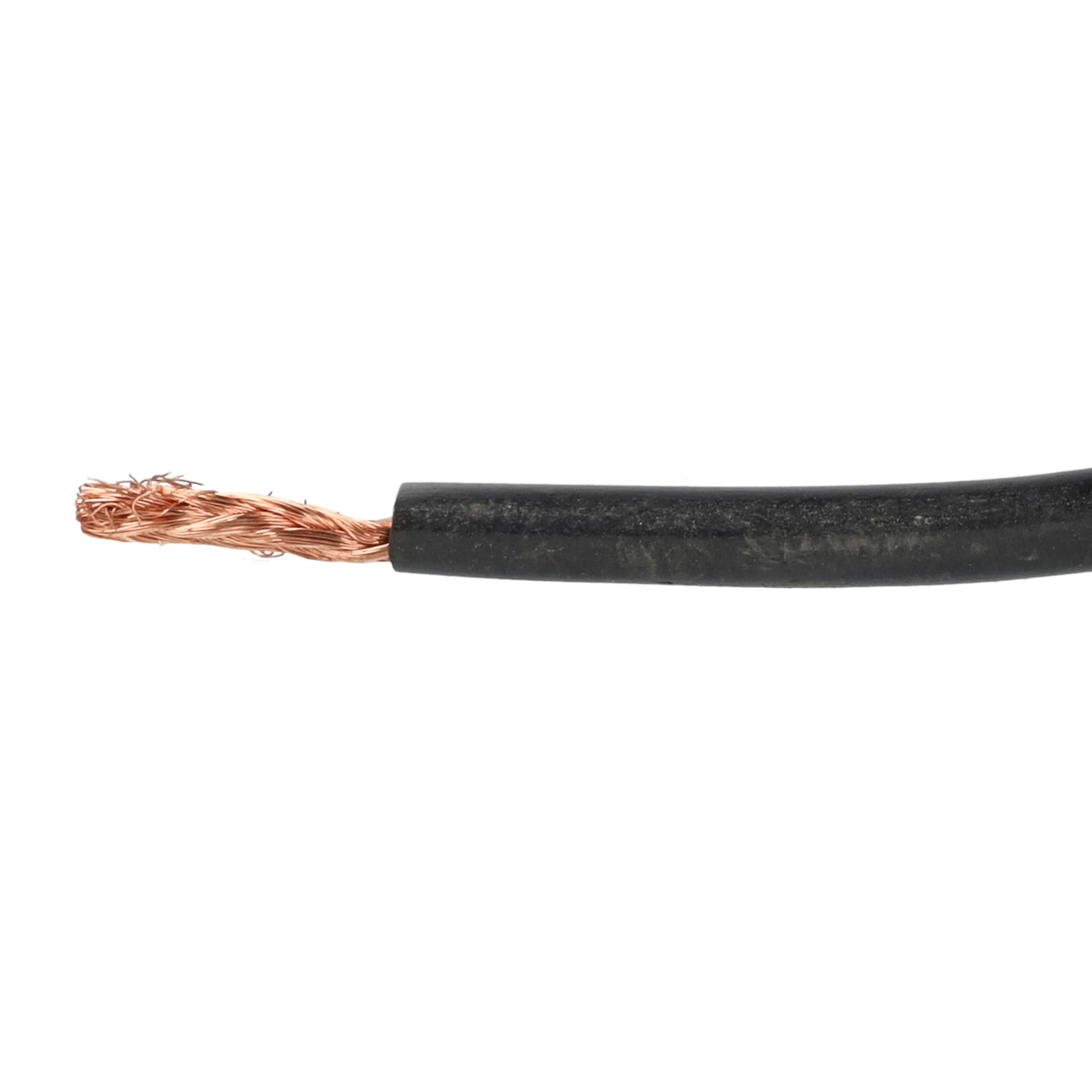 Ein isoliertes schwarzes Kabel mit abisoliertem, kupferfarbenem Litzenleiter auf weißem Hintergrund.