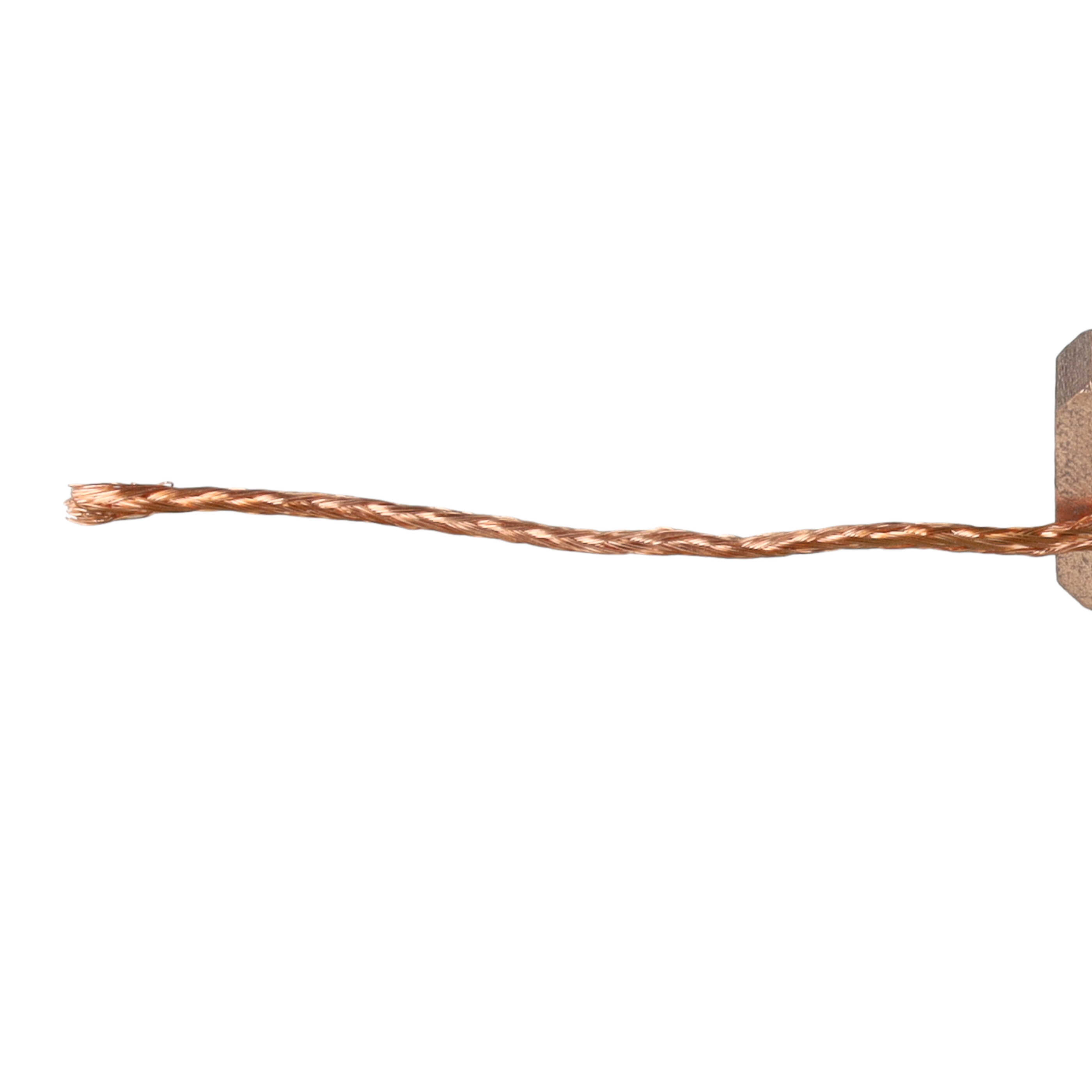 Kupfergeflechtkabel mit angeschlossener Kohlebürste auf weißem Hintergrund.