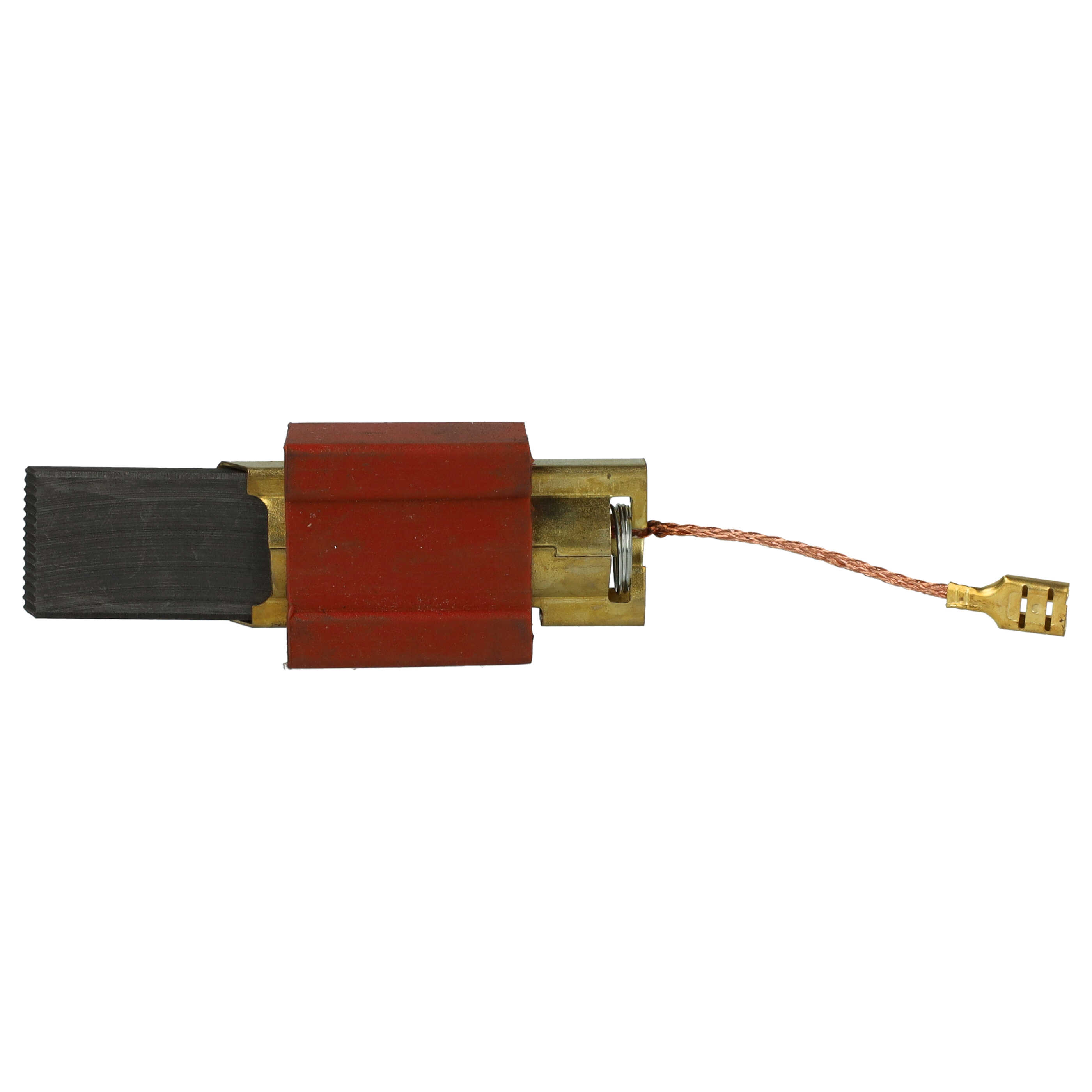 Eine Kohlebürste mit rotem Gehäuse, Messinghalterung, Feder und einem Kupferkabel mit Flachstecker.