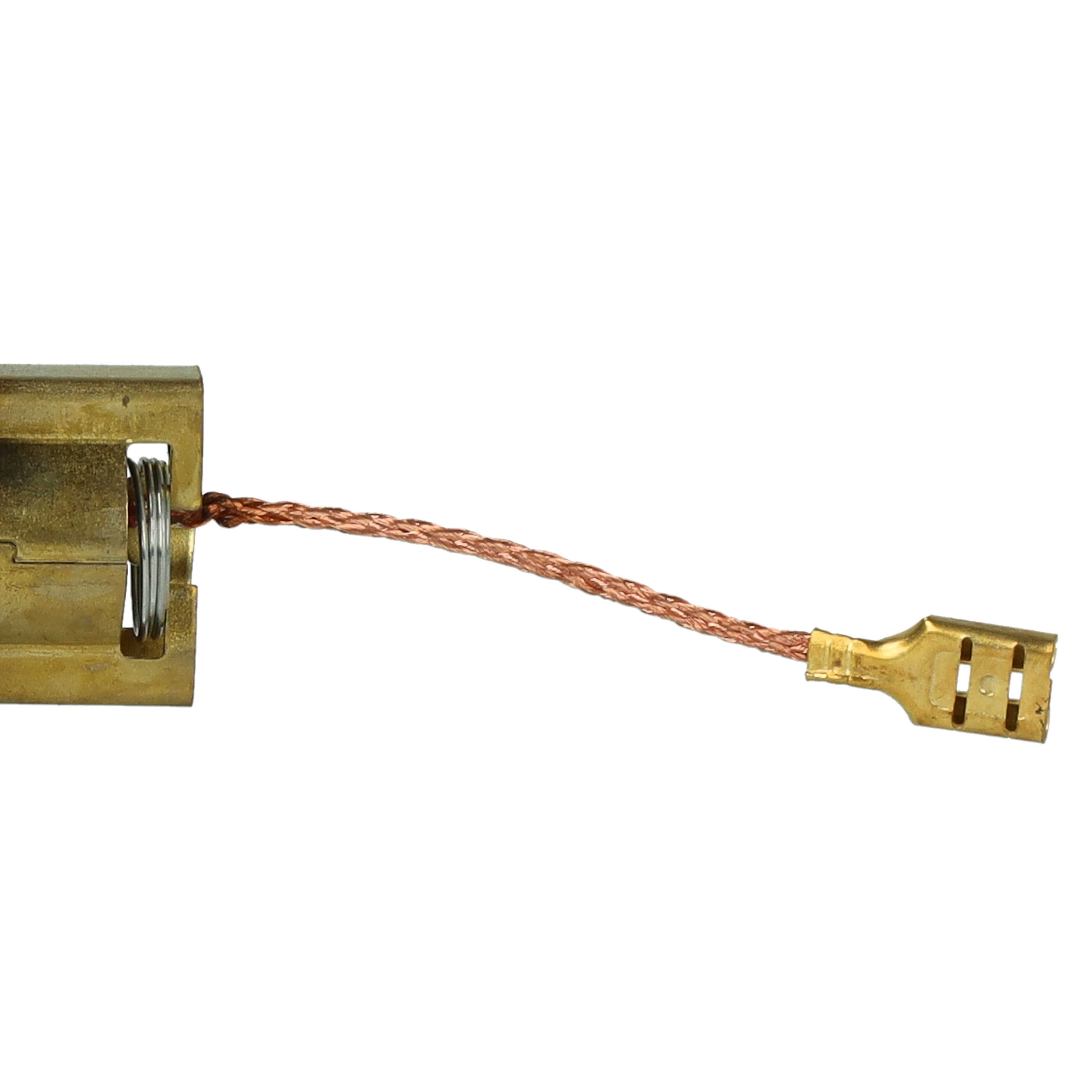 Eine Messing-Kohlebürste mit Feder, geflochtenem Kupferkabel und Flachstecker auf weißem Hintergrund.