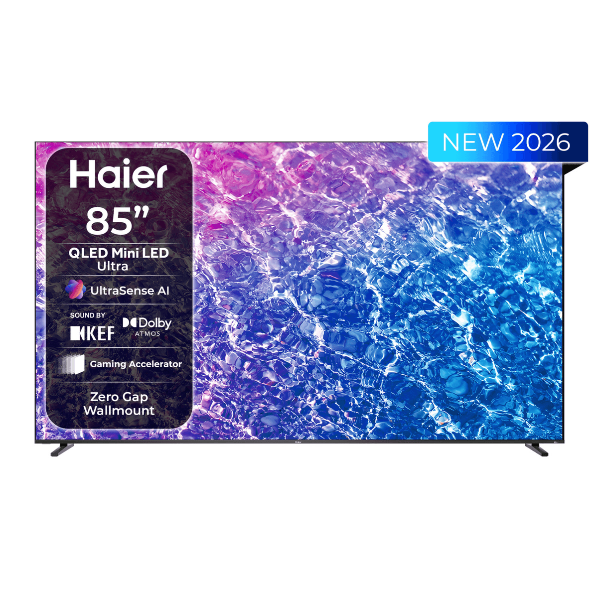 Televisor Haier 85 pulgadas QLED Mini LED Ultra con fondo de agua azul y texto.