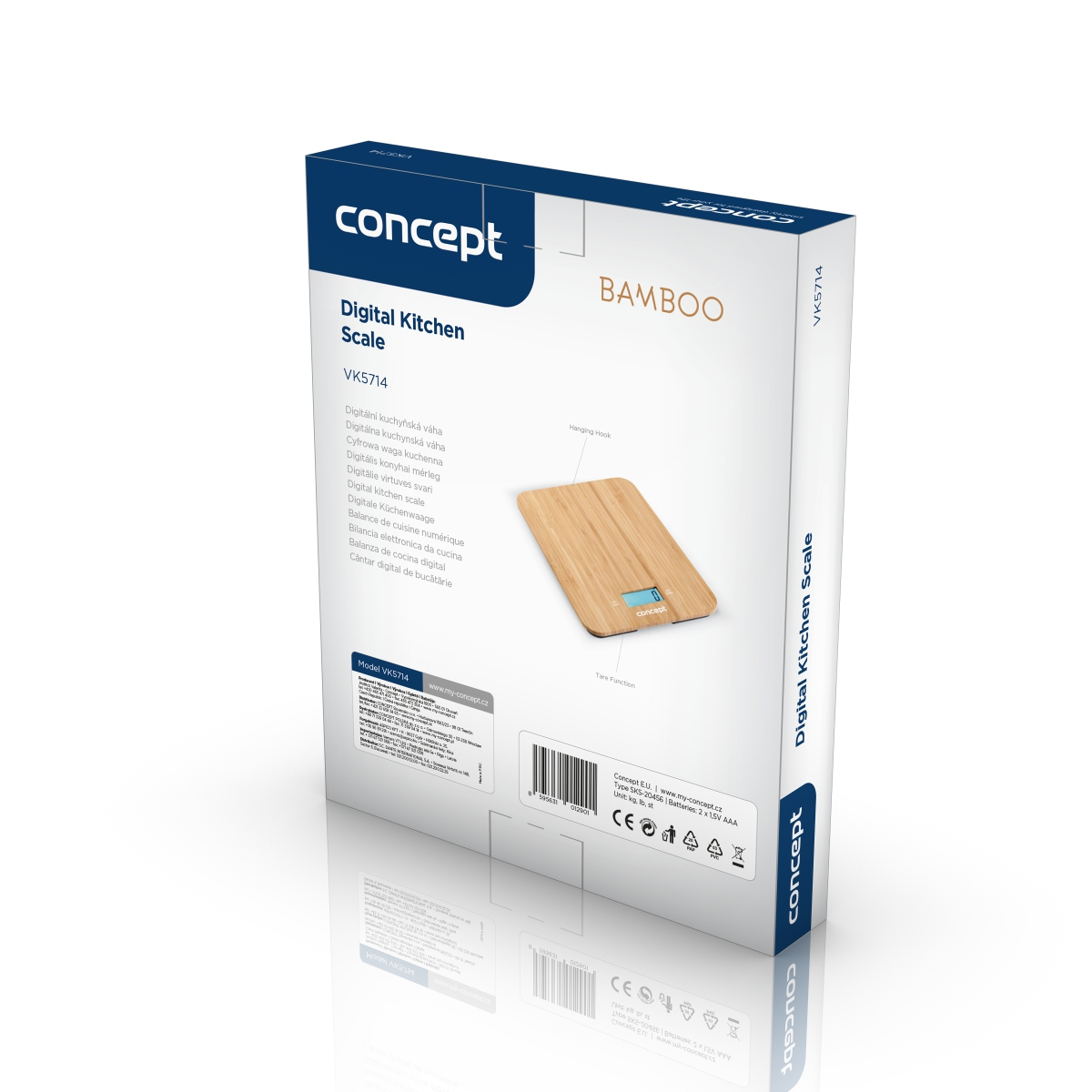 Produktverpackung einer Concept Bambus Digitalen Küchenwaage VK5714 mit Produktbild und Texten auf weißem Hintergrund.